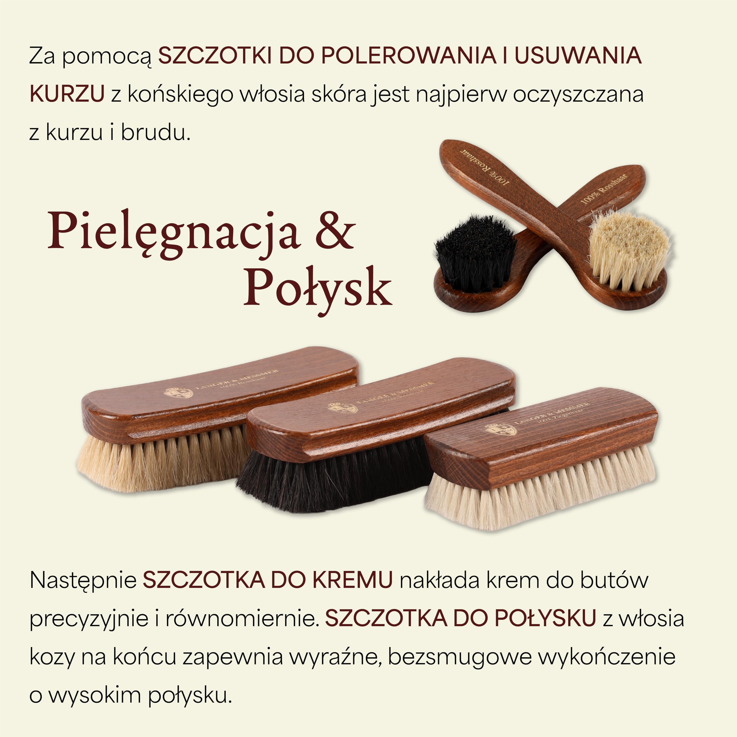 Langer & Messmer 5-częściowy zestaw do pielęgnacji butów ze szczotkami z włosia końskiego i koziego włosia do gładkiej skóry – Twój zestaw szczotek do butów do profesjonalnej pielęgnacji obuwia