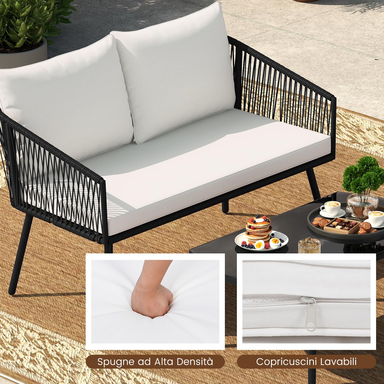 COSTWAY Set di 4 Pezzi in Corda PE da Giardino, Set Bistrò con Divano, Tavolino in Vetro Temperato, 2 Poltrone e Cuscini, Mobili da Giardino da Esterno per Cortile e Piscina