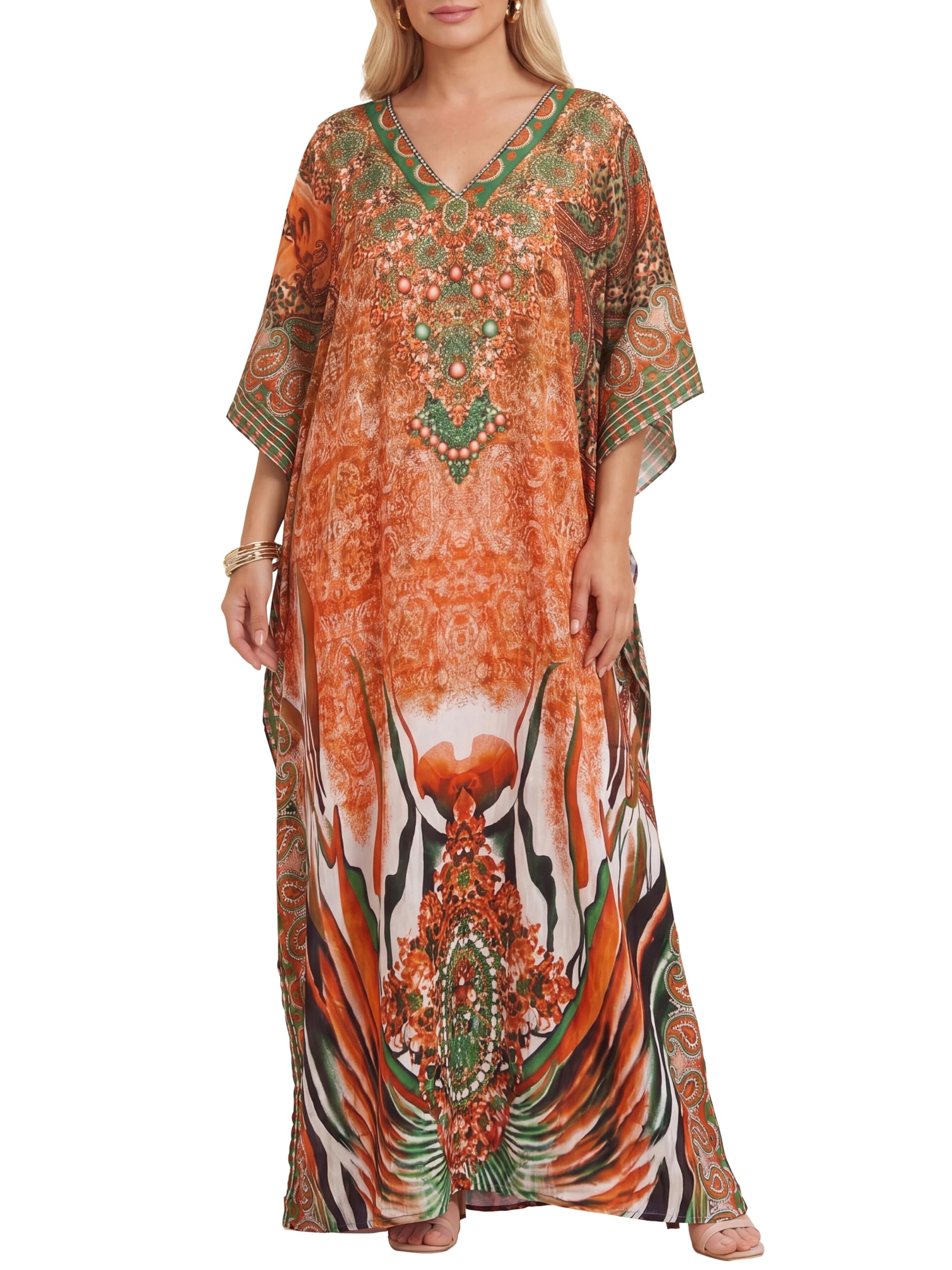Love My Fashions Women's Orange Floral Love My Fashions® Moroccan Kaftans Paisley Print Tunic Long Summer Dress Loungewear Swim Cover Up Beachwear Sundress Casual Nightwear