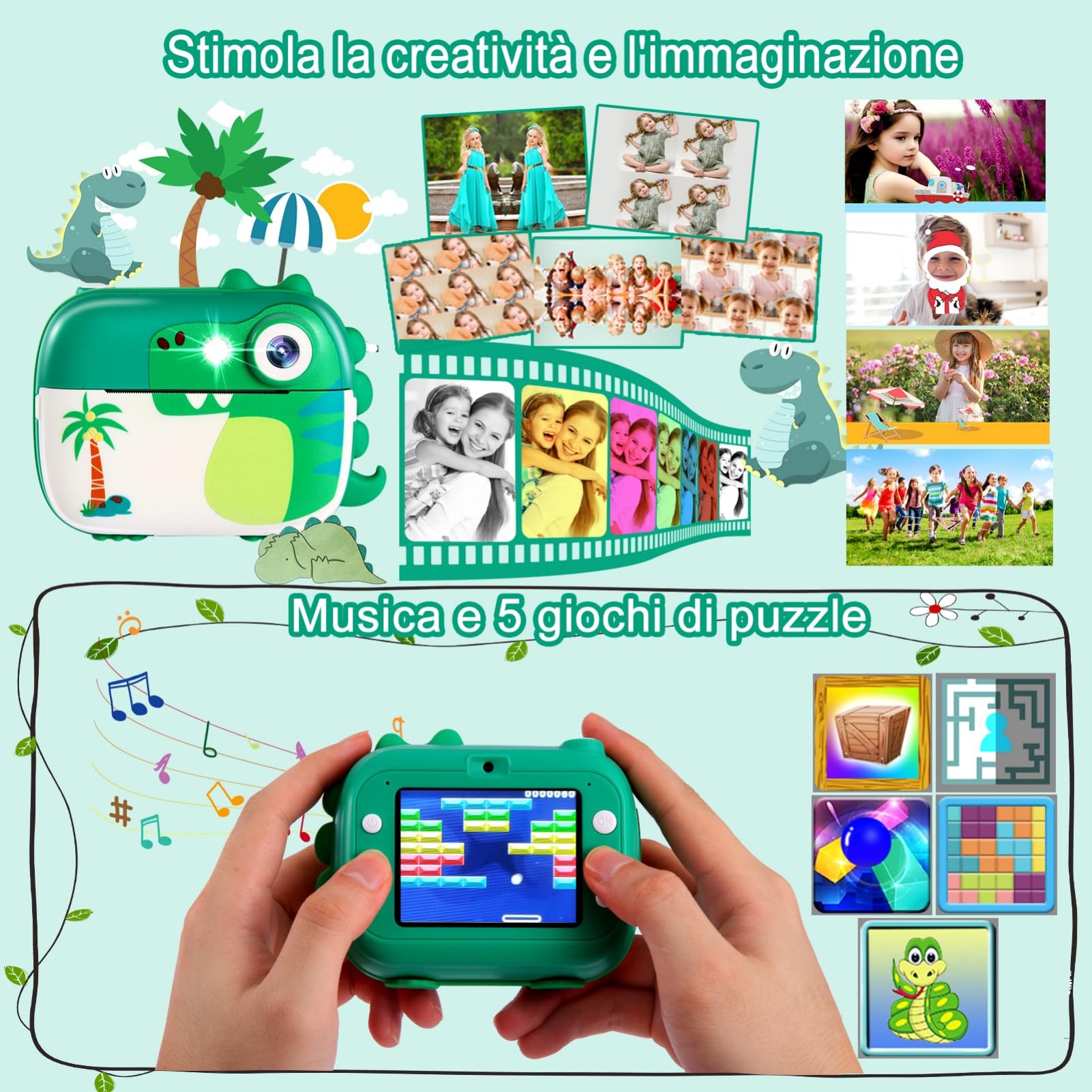 ARNSSIEN Macchina Fotografica Bambini Istantanea, 1080P Fotocamera Istantanea con 7 Rotoli di Carta, Fotocamera Digitale Bambini 2.4 Pollici, Regalo di Natale e Compleanno per Bambino di 3-12 Anni, M3