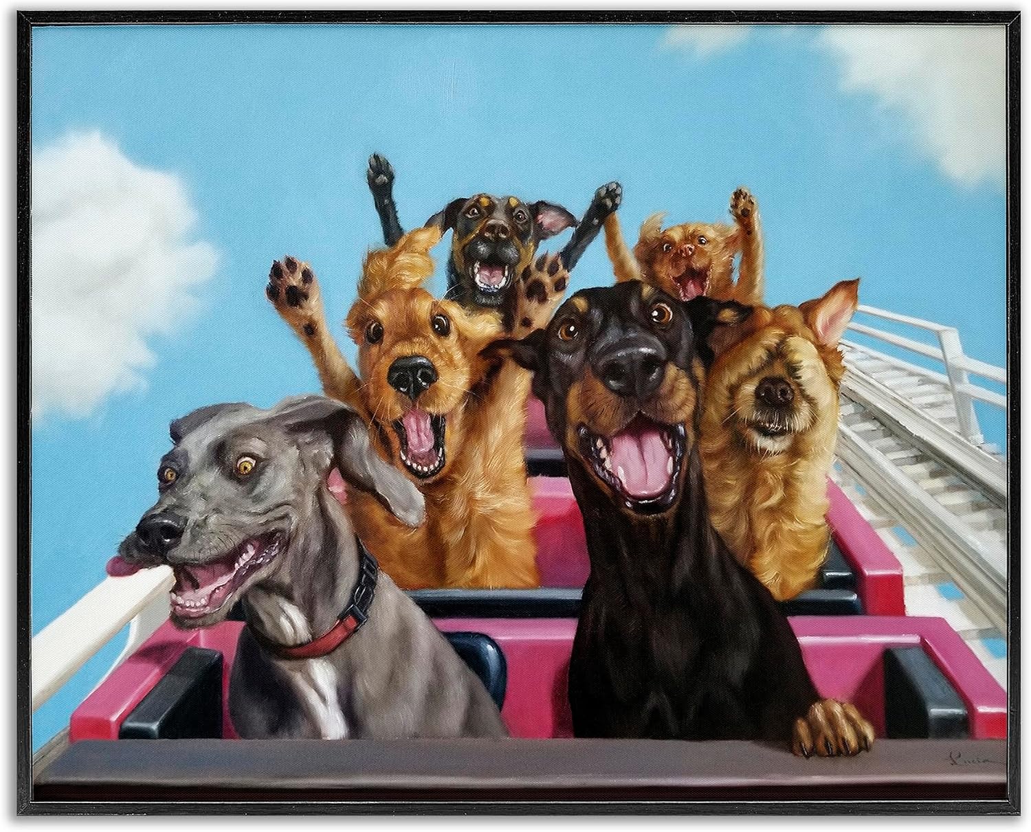 Dogs Riding Roller Coaster Humor, 24 x 30 Inch Framed Giclée Print