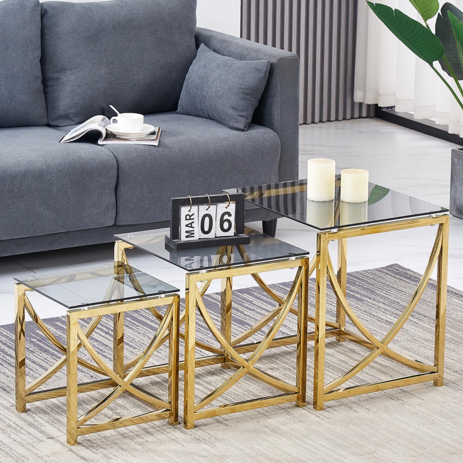 JaHECOME Set of 3 Gold Glass Coffee Table Living Room Nesting Tables Square Black Grey Tempered Glass Stainless Steel Side Sofa End Center Table(Curved Style)