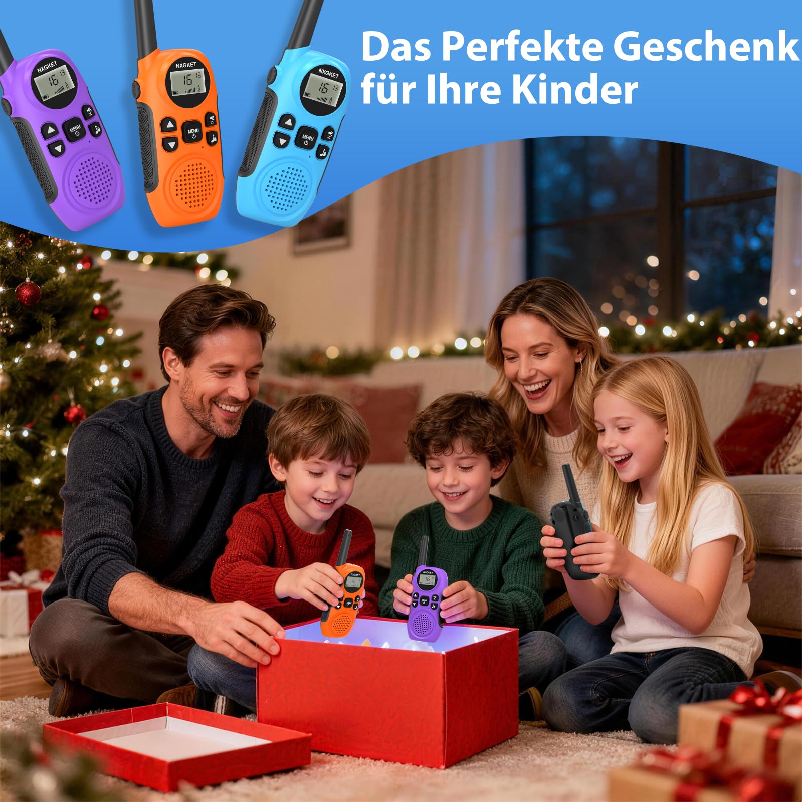 NXGKET Walkie Talkies für Kinder - Spielzeug 3-12 Jahren Junge, Funkgerät Set mit Taschenlampe, 3KM Große Reichweite, 16 Kanal Walkie Talkie für Abenteuer im Freien, Camping, Wandern– 3er Set