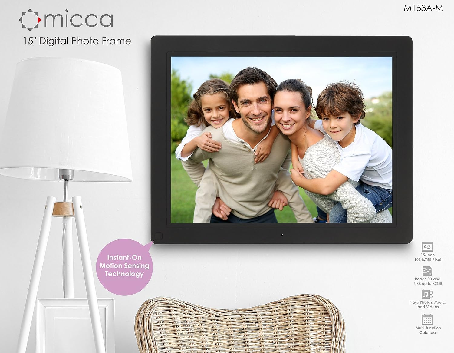 Micca NEO 15-Inch Digital Photo Frame with 8GB Storage, Motion Sensor, High Resolution LCD, MP3 Music and 720P HD Video Playback, Auto On/Off Timer (M153A-M)