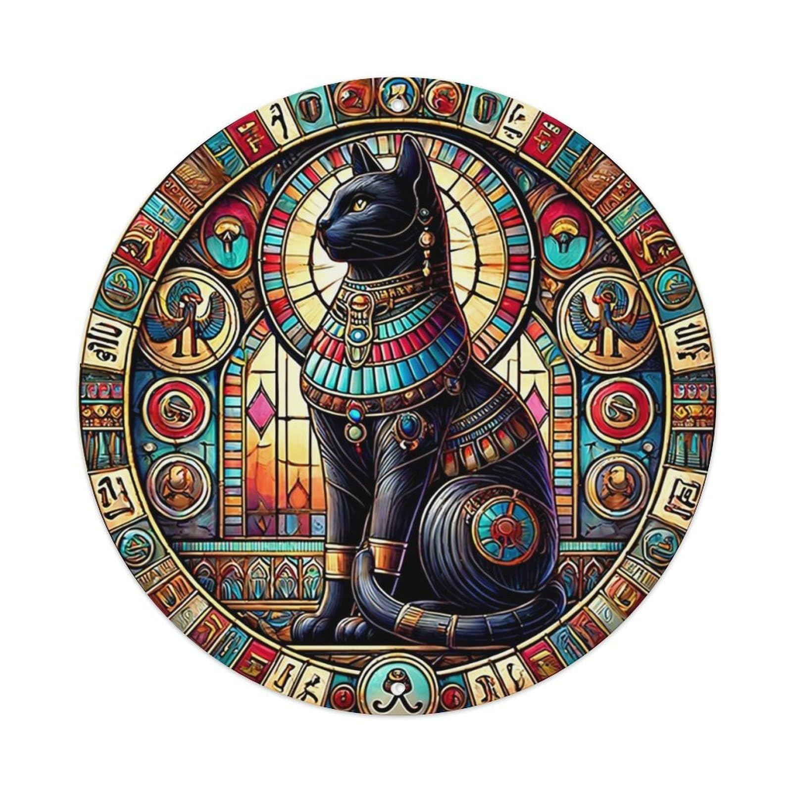 Egyptian Cat Stained Glass Pattern Round Metal Tin Sign Vintage Wall Decor, Bar Garage Cafe Kitchen Home Wall Art Poster 8x8inches