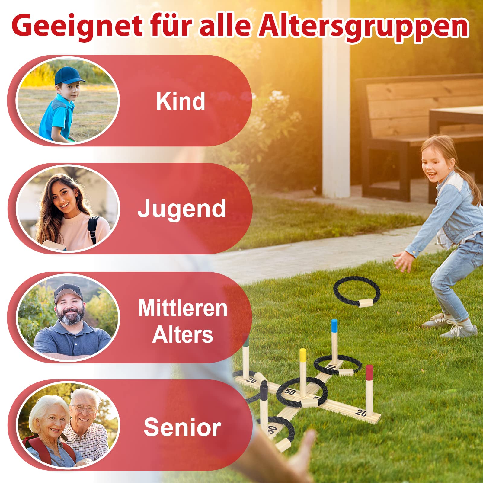 Jeu de lancer d'anneaux en bois avec 5 anneaux en nylon et 5 barres colorées, amusant pour enfants et adultes