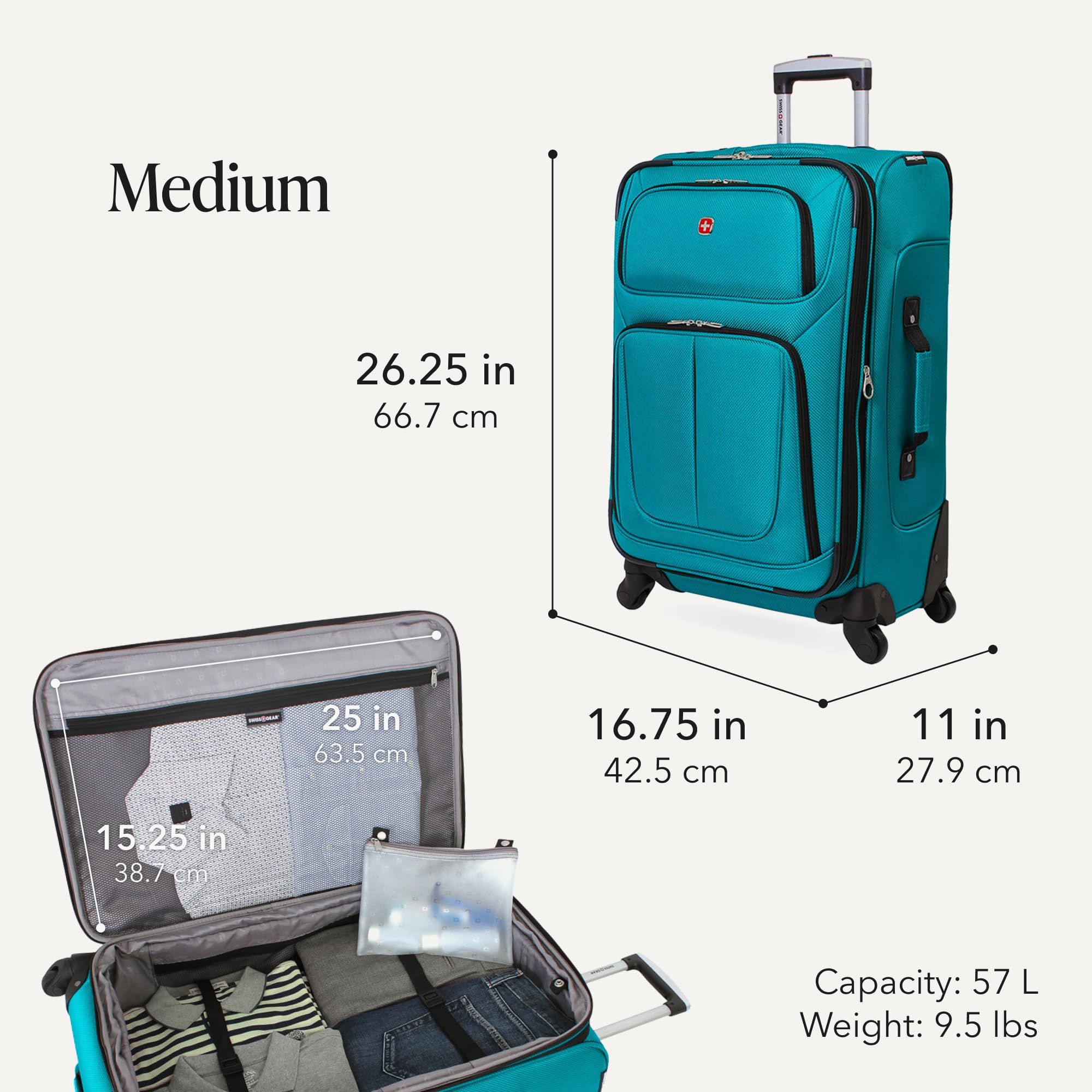 SwissGear Sion Softside Expandable Roller Luggage, Teal, 3 Piece Set (21/25/29) view 3