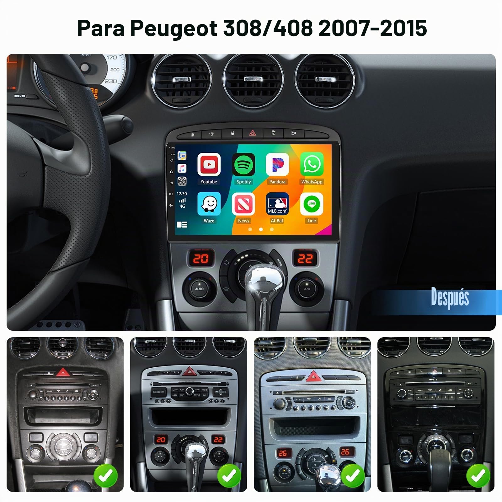 Hikity 2+64GB Android 15 Radio Coche para Peugeot 308 408 2007-2015 CarPlay Android Auto Inalámbrico Bluetooth Manos Libres Auto Radio con 9" Pantalla Táctil WiFi GPS