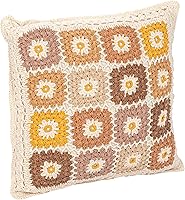 Creative Co-Op Multicolor Crocheted Cotton Square Pillow 18x18 - Farmhouse Boho Block Pattern Decor