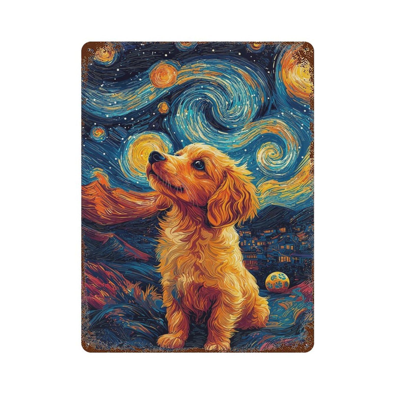 Doggy Starry Night Aged Metal Wall Plaque 15.7"x11.8", Industrial Home Decor for Pub, Kitchen And Man Cave Decor