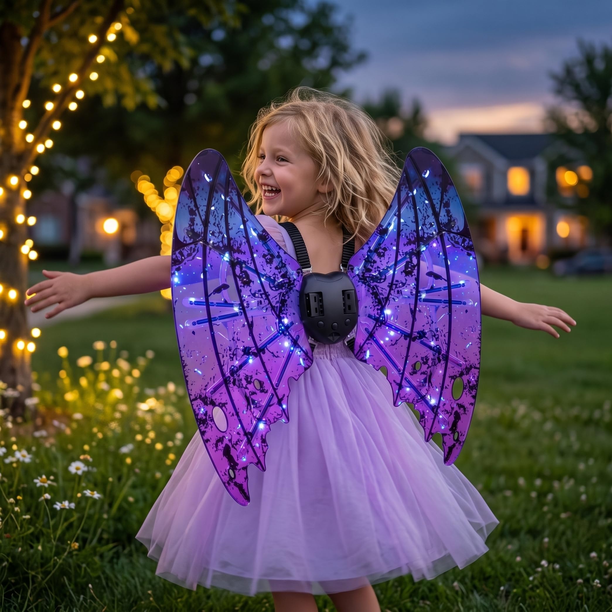 Costume di Halloween per ragazza, ala luminosa di farfalla che sventola, viola