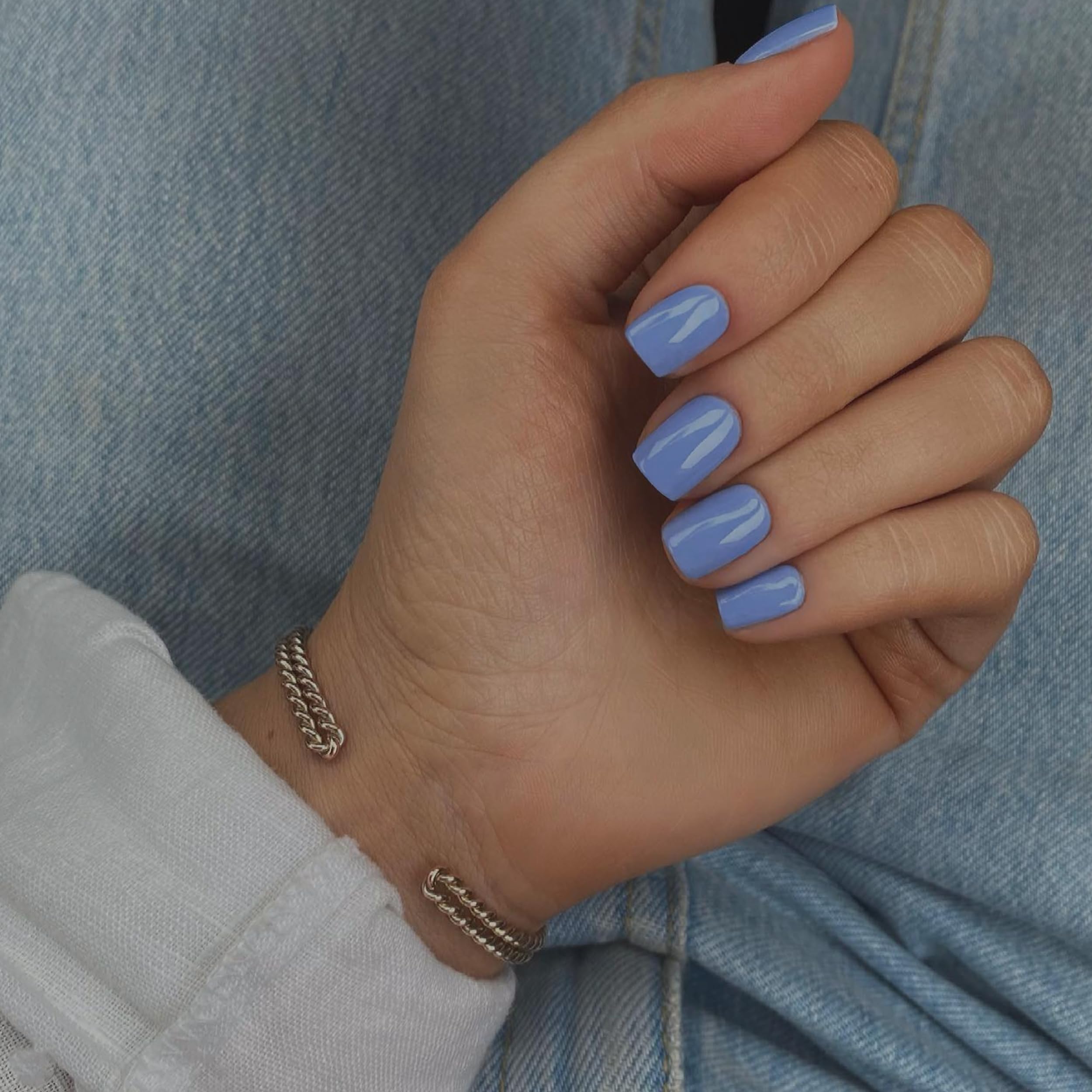 SXVME Blue Press on Nails Short Square Acrylic Short False Nails Coffin Natural Acrylic Fake Nails Set Elegant Solid Color Full Cover Glossy Gel Stick on Nail for Women Daily Wear 24 Pcs - Image 2
