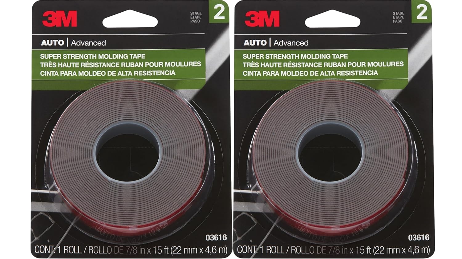 3M Super Strength Molding Tape 03616, 7/8 in x 15 ft Each, Heavy Duty Double-Sided Automotive Mounting Tape, Weather-Resistant Adhesive for Trim and Accessories (2 Rolls, 30 ft Total)