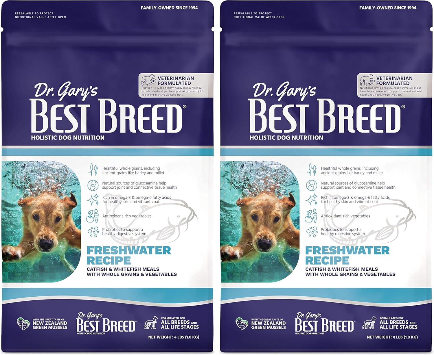 Best Breed Dr. Gary's Freshwater Recipe Slow-Cooked in USA [Natural Dry Dog Food for All Breeds and Sizes] - 4lbs. (Pack of 2)