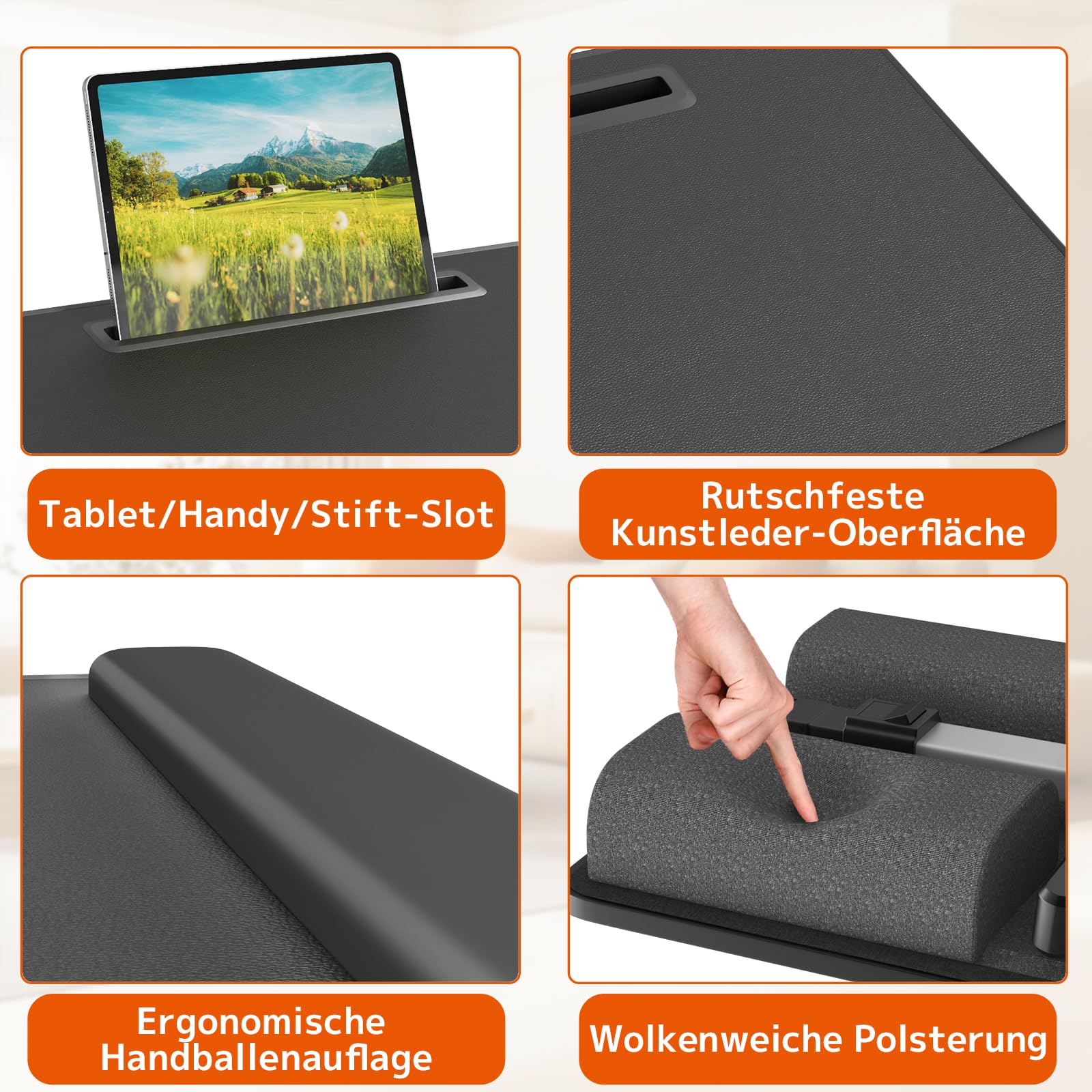 PUTORSEN Laptoptisch fürs Bett - Höhenverstellbar und Winkelverstellbar, 2-in-1 Laptopkissen Klappbar, Größere Laptop Tisch für Bett Sofa Couch Boden, 58 x 37cm Schwarz
