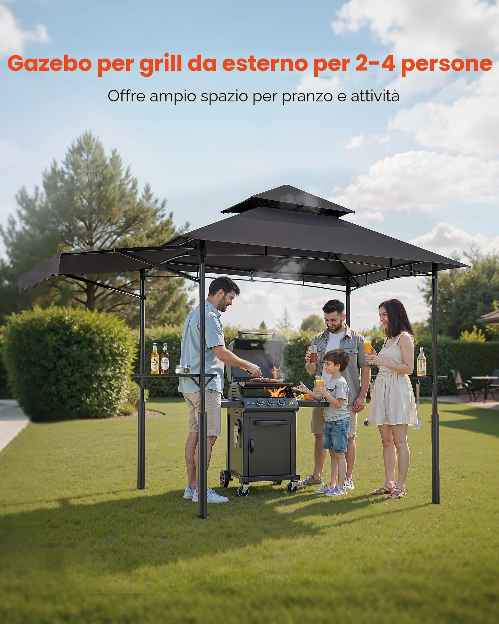 VEVOR Gazebo per Barbecue 243 x 150 cm, Gazebo per Barbecue da Esterno con Tetto Tettoia Parasole, Copertura per Barbecue da Giardino in Acciaio Verniciato a Polvere, per Grigliate, Feste, Picnic