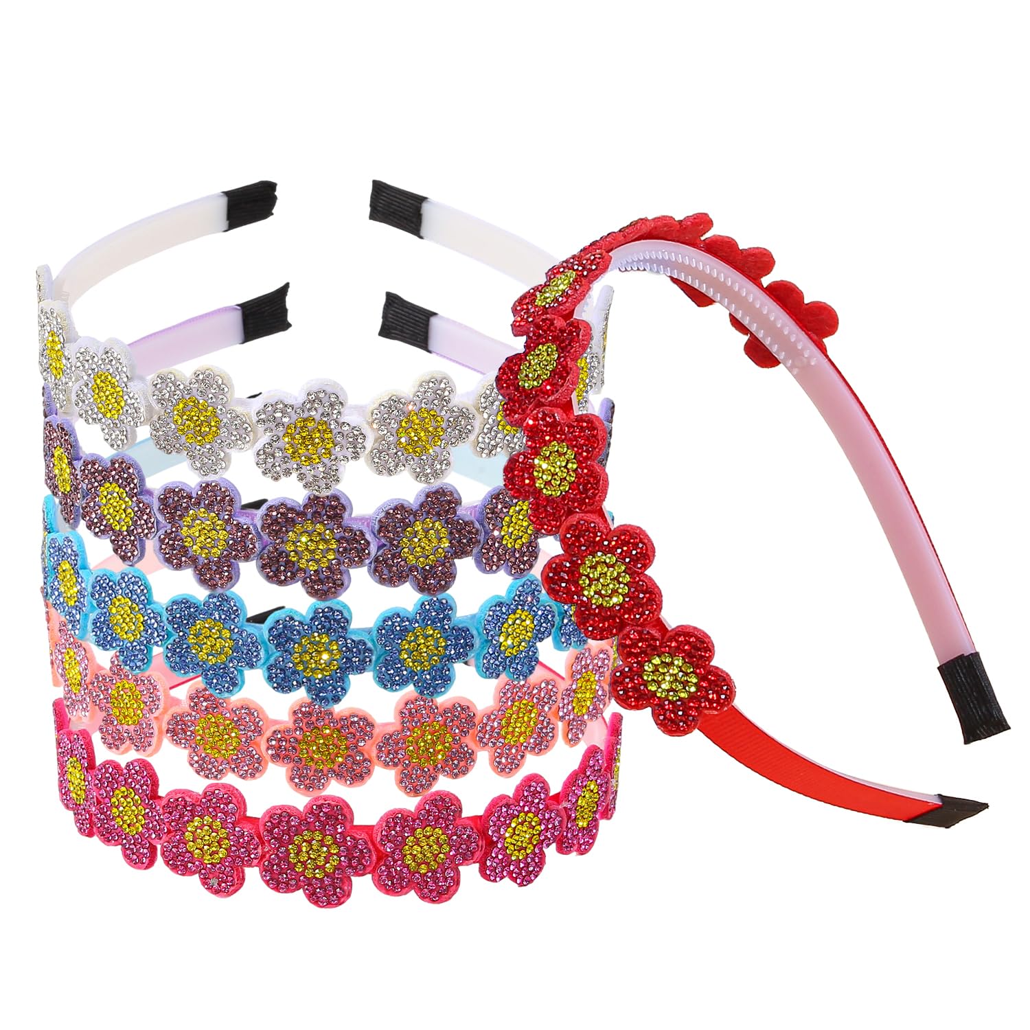 WJYX BOWS 6pcs/set Glitter Crystal Flower Headbands Charming Hairband Rhinestone Colorful Girl Hair Accessories,Sparkly Hair Hoops for Daily Wear