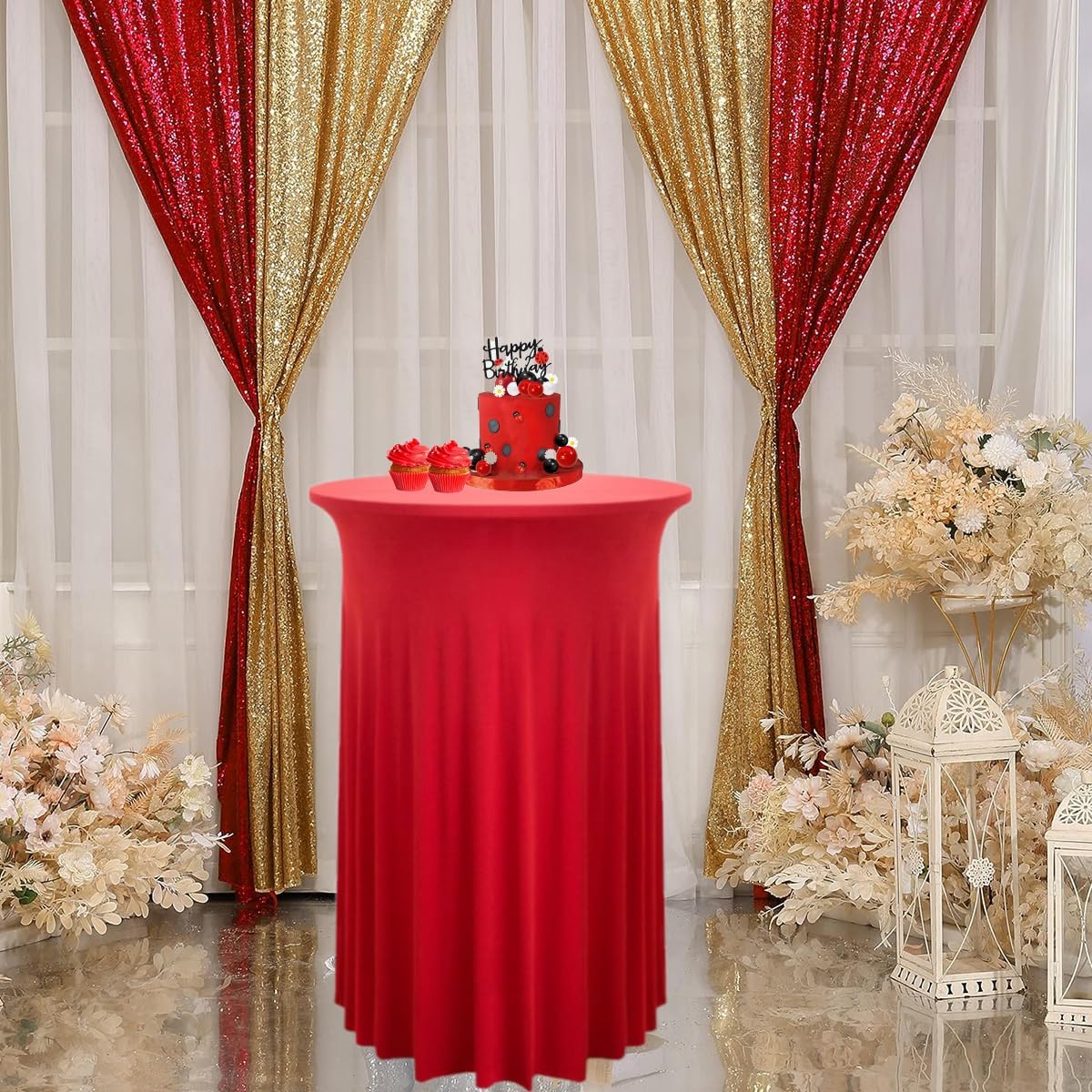 Albassa 2 Pack Cocktail Table Covers 32"x 43" Spandex Stretch Round Cocktail Tablecloths with Wavy Drapes Fitted High Top Bar Table Skirts for Wedding Party Banquet (Red, 2 PCS)