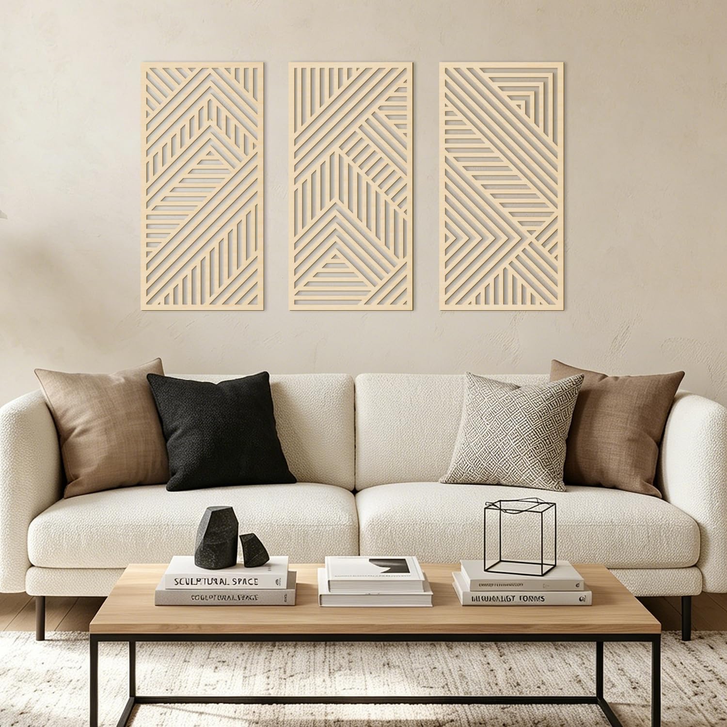 IARTTOP Large Boho Wood Wall Art 16x32 Inch Mid Century Modern Wooden Wall Decor Minimalist Abstract Geometric Artwork for Living Room Office Set of 3
