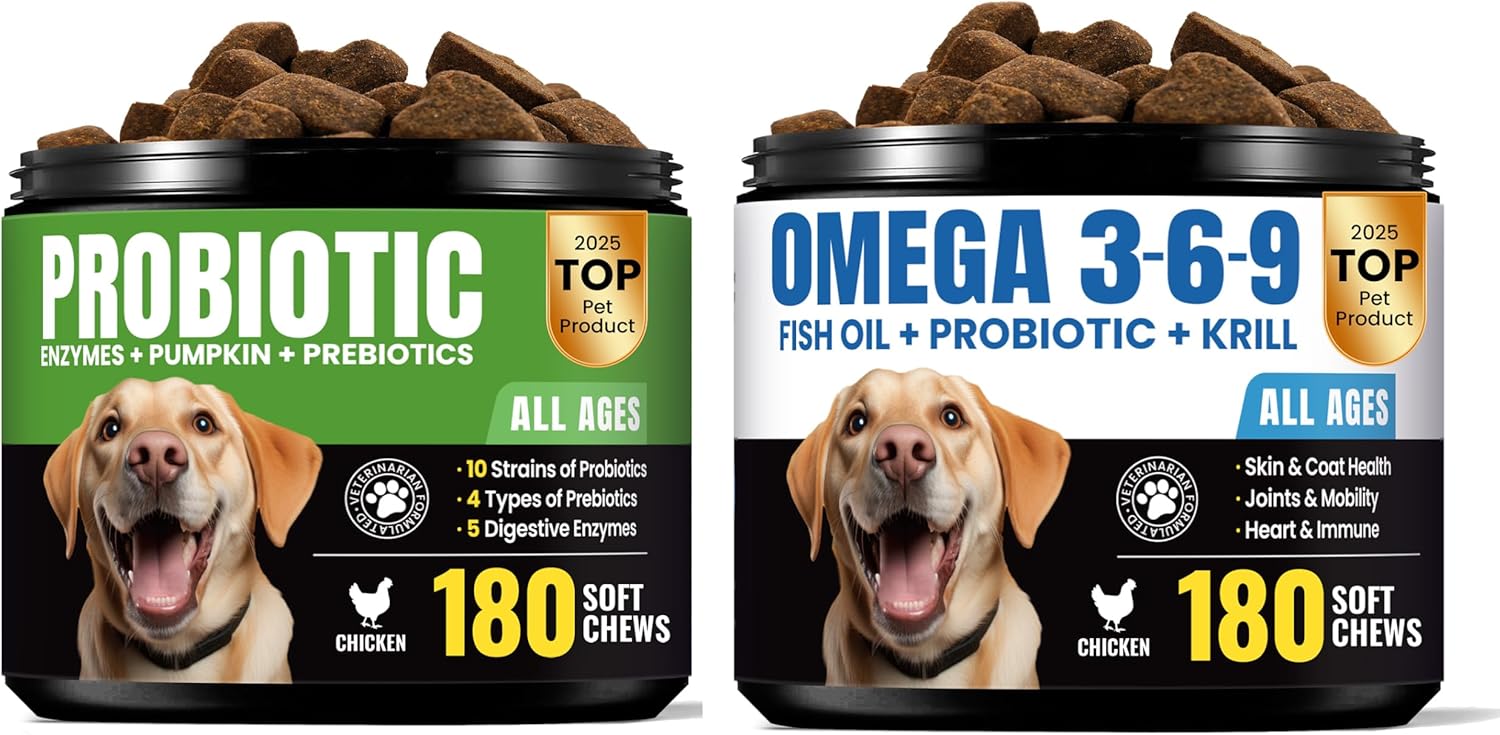 Dog Digestive & Skin Support Chews – Dual Action Formula with Probiotics & Omega-3 Fish Oil for Gut Balance, Skin Health & Immune Support