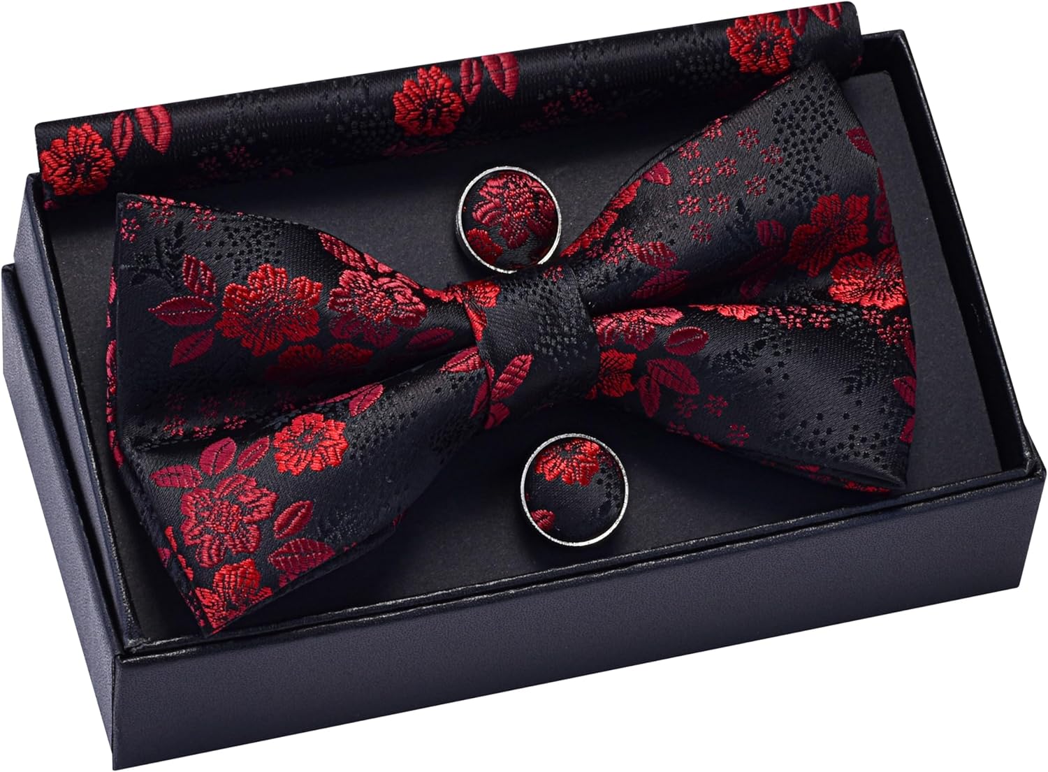 GUSLESON Mens Floral Bow Tie Handkerchief Jacquard Woven Adjustable Pre-Tied Bowties Pocket Square Cufflinks Set - Image 4