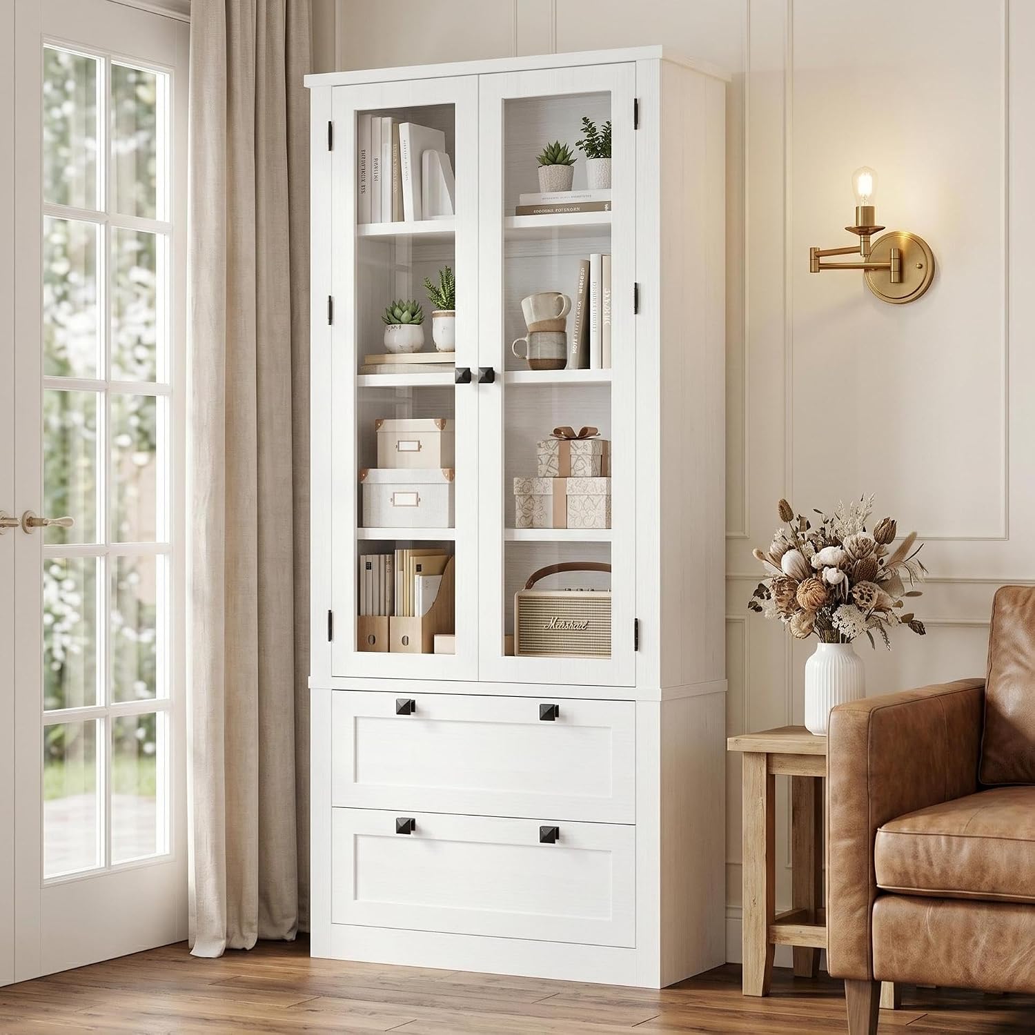 71" Tall Kitchen Pantry Cabinet - Modern Display Storage Cabinet with 2 Large Drawers, Glass Doors, and Adjustable Shelves, Farmhouse Kitchen Cupboard for Dining Room, Bathroom, Living Room, White