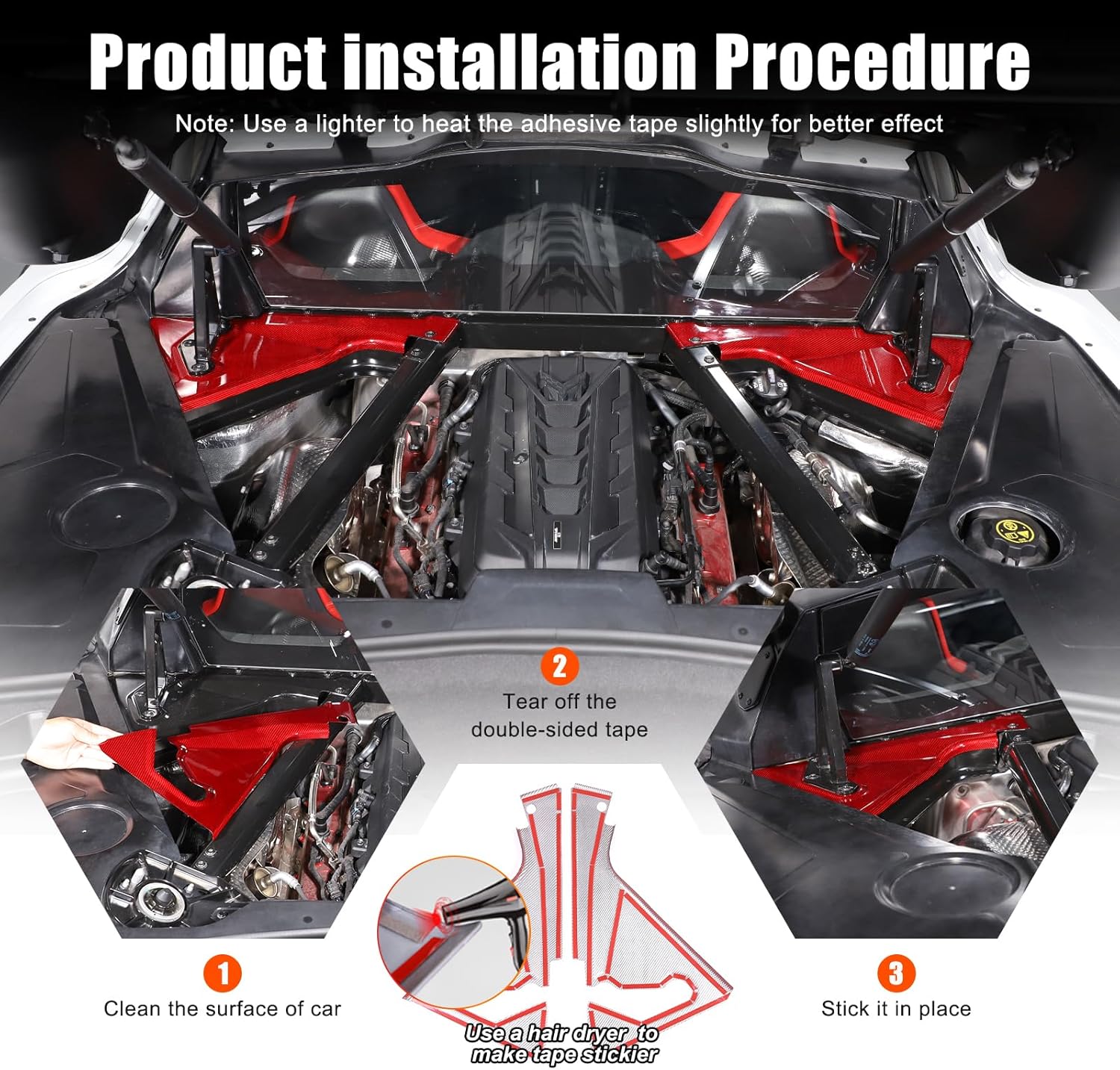 Dry Carbon Fiber Engine Bay Panel Cover Compatible with Chevrolet Corvette C8 Stingray 2020-2024, Front Hood Lift Supports Shock Struts Base Trim Cover C8 Corvette Accessories (Red)