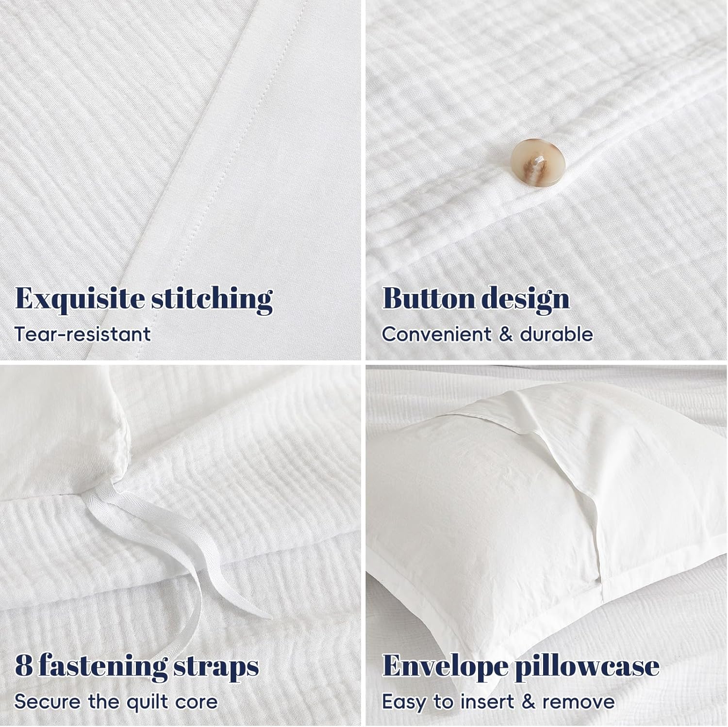 PHF Cotton Muslin Duvet Cover Queen Size, 3-Layer Ultra-Soft Lightweight Breathable Textured Guaze, Skin-Friendly Minimalist Comforter Cover Set for All Season, with 2 Pillow Shams, 90"x90", White