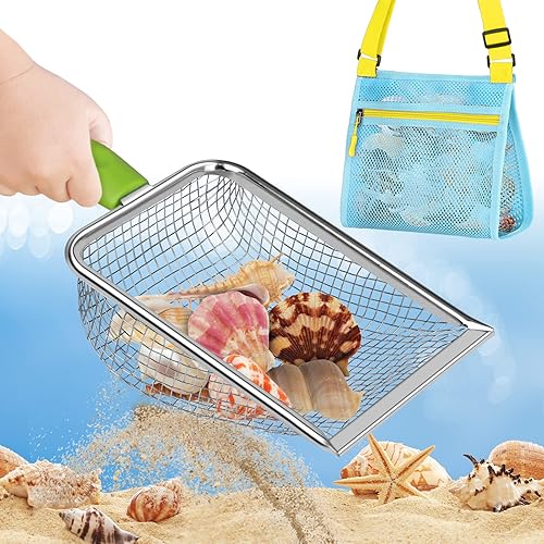 Beach Shovel with Mesh Beach Bag-Sand Sifter Shell Collecting Tools for Kids, Shell Scooper for Beach Toddler Beach Toys for Picking Up Shark Tooth