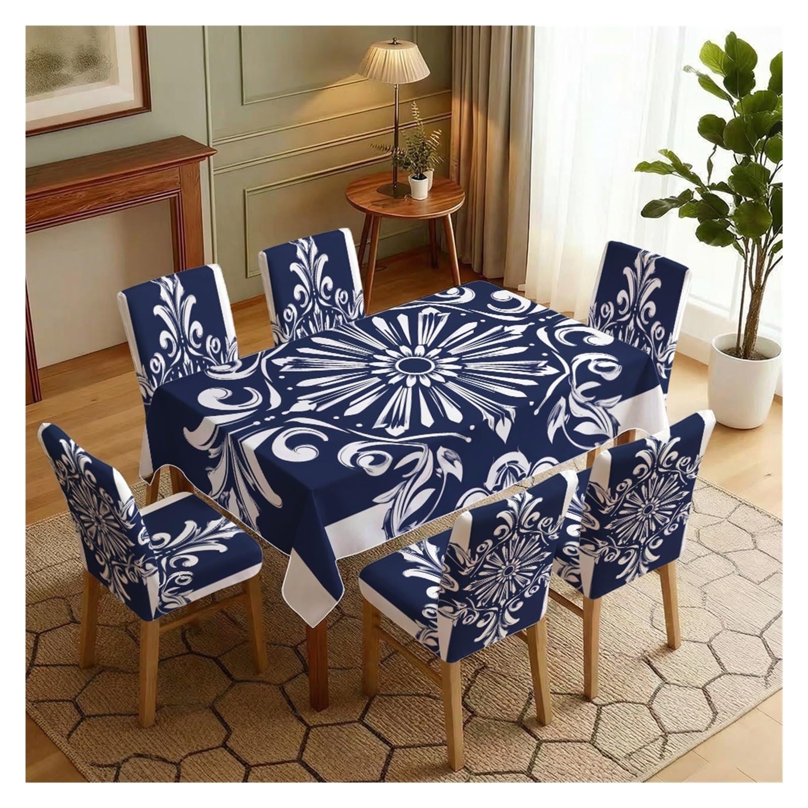 BOSUYBN Navy White Damask Dining Tablecloth & Chair Cover Set, 5/7 Piece Elegant Classic Ornate Slipcovers For Luxe Home Table Setting(7pcs Set: Tablecloth+Chair Covers)