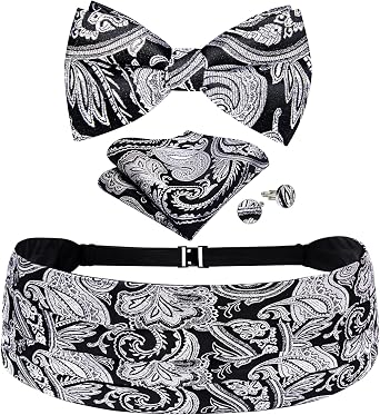 DiBanGu Mens Cummerbund Bow Tie Pocket Square Cufflinks Set Pre Tied Bowtie Formal Silk Waistband For Wedding Business