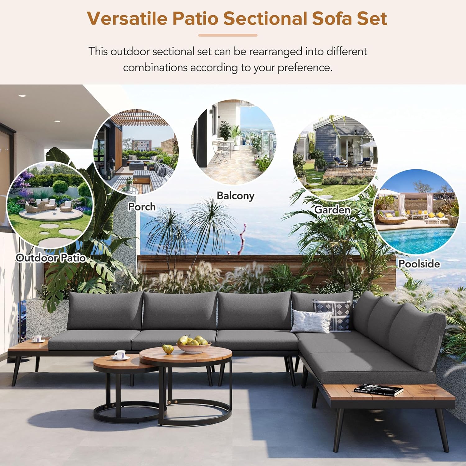 Polibi Patio Sofa Set, 6-Piece Outdoor Sectional Sofa Set with Round Nesting Coffee Tables, Conversation Sofa Set with Gray Cushions for Patio, Porch and Garden