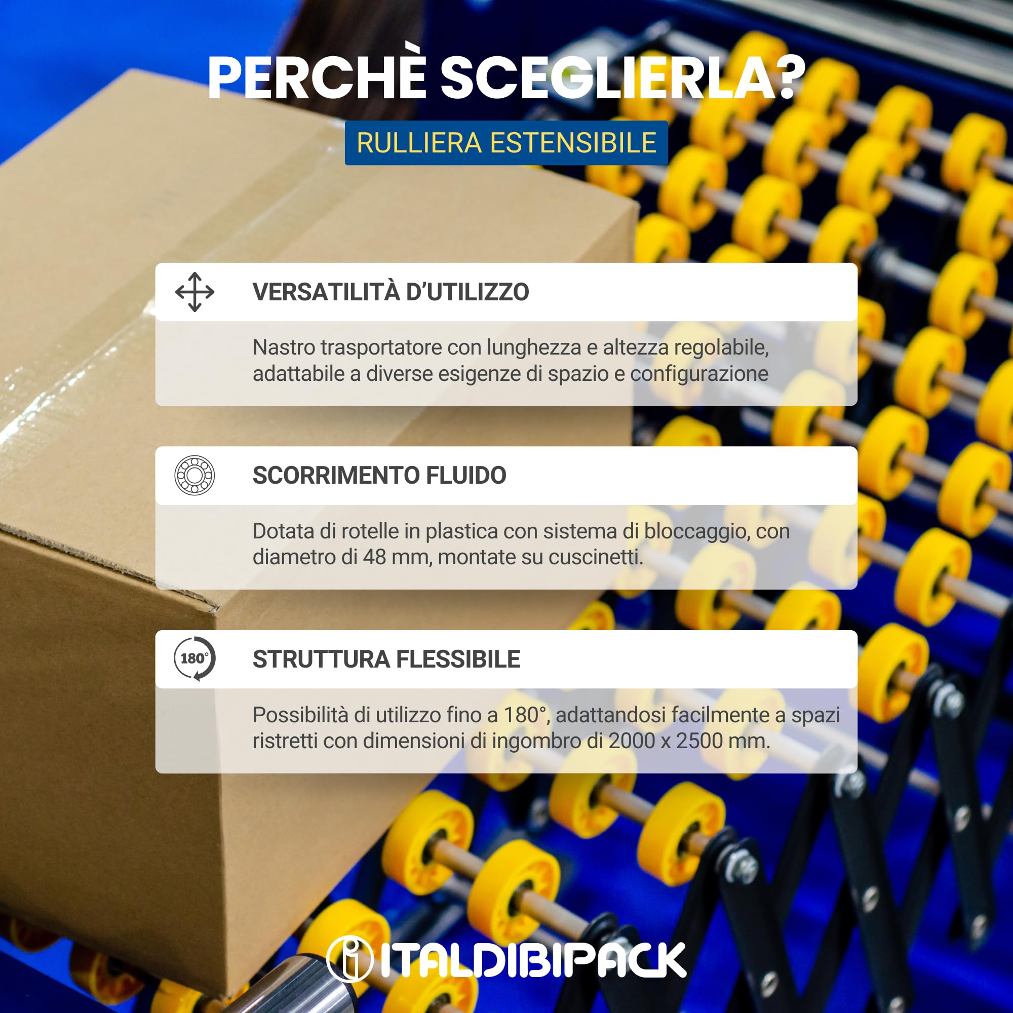 ITALDIBIPACK Rulliera Estensibile e Flessibile con Rotelle - Nastro Trasportatore - Larghezza 500 mm - Lunghezza Regolabile 1100-5300 mm - Altezza Piano 600-900 mm - Made in Italy