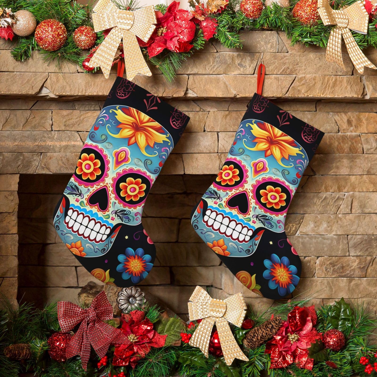 KLOPH Christmas Stockings 18" Personalized Xmas Stocking Sugar Skulls Decoration Stocking Hanging Fireplace Stocking for Holiday Xmas Tree Christmas Fireplace Decor