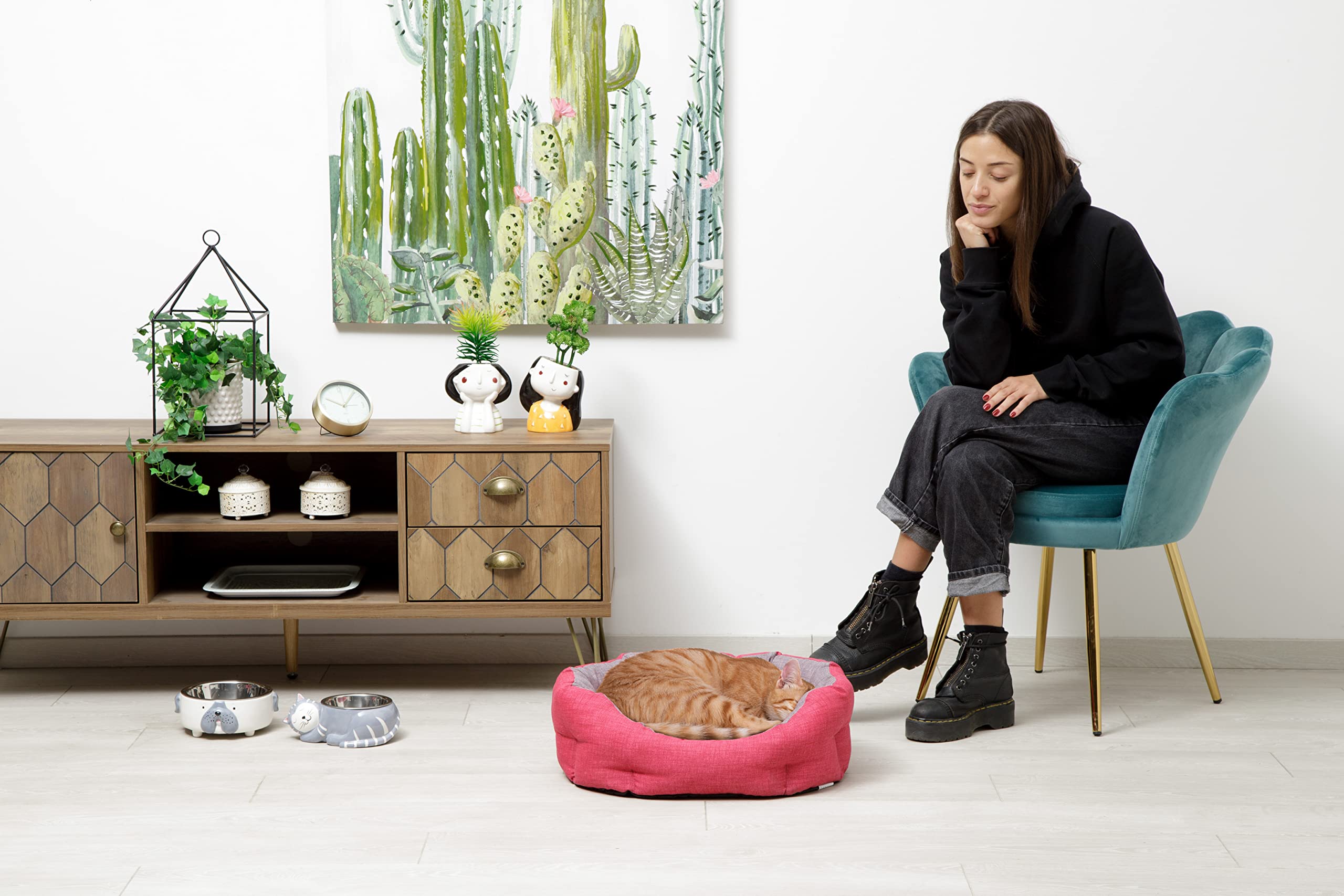 Baroni Home Cuccia per Cane e Gatto in tessuto Grigio e Bordeaux Taglia M 45x55 cm, Morbido Divano Ovali, Comodo, per Camera da Letto Salotto Corridoio, Lavabile