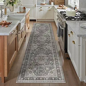 2x8 Washable Black Grey Vintage Runner Rug for Kitchen Hallway Non-Slip Low Pile Carpet Traditional Retro Distressed Accent Vacuumable Throw Rug for Entryway Bedroom Indoor
