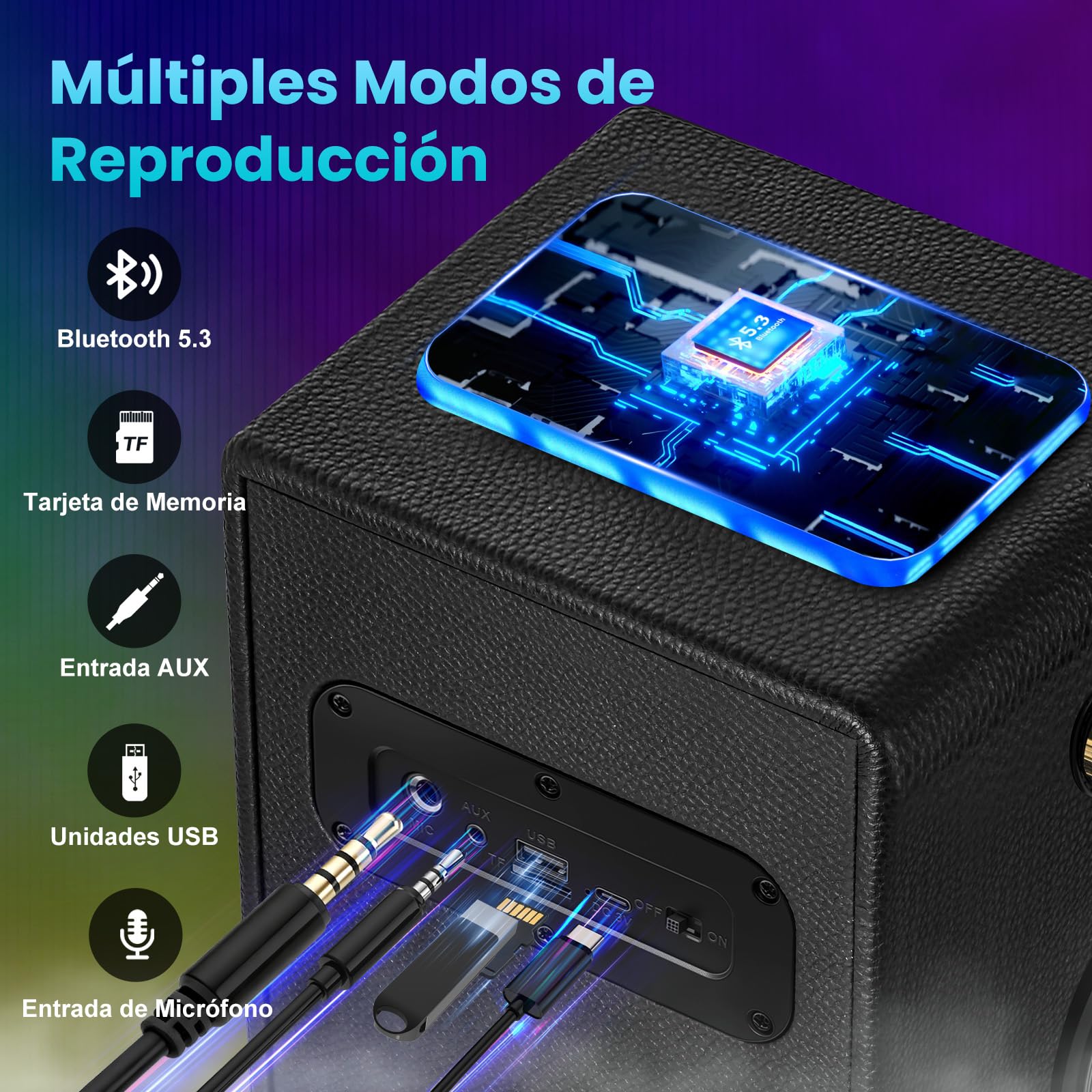 Altavoz Bluetooth, 120 W de Pico inalámbrico TWS, Altavoces portátiles para Fiestas al Aire Libre con subwoofer, Graves Profundos, Luces LED Coloridas, para el hogar, Camping (Negro)