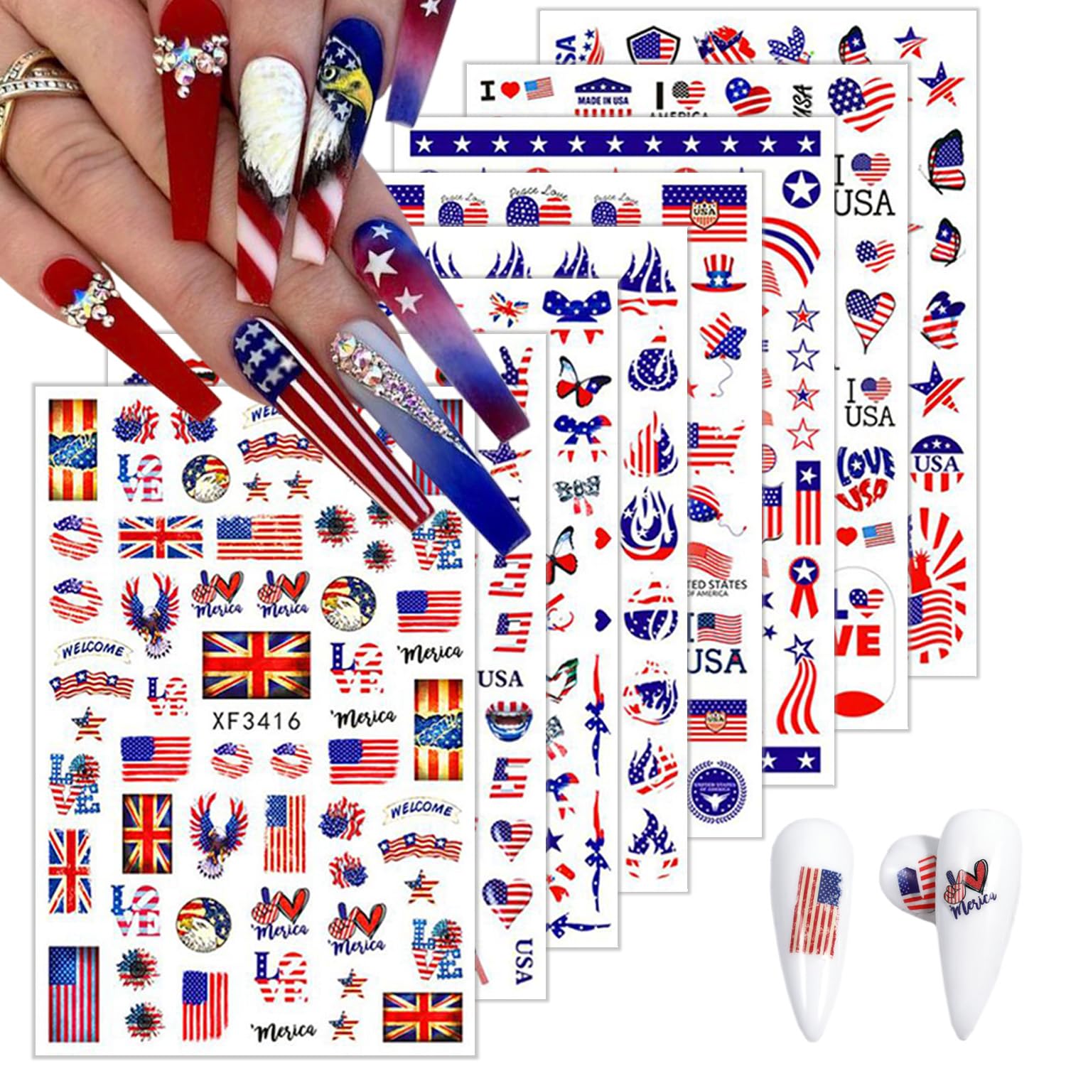 8 Sheets Independence Day Nail Stickers 3D Self-Adhesive American Flag Nail Art Stickers Stars Stripes Eagle Designs 4th of July Independence Nail Decals for Women Girls Manicure Decorations