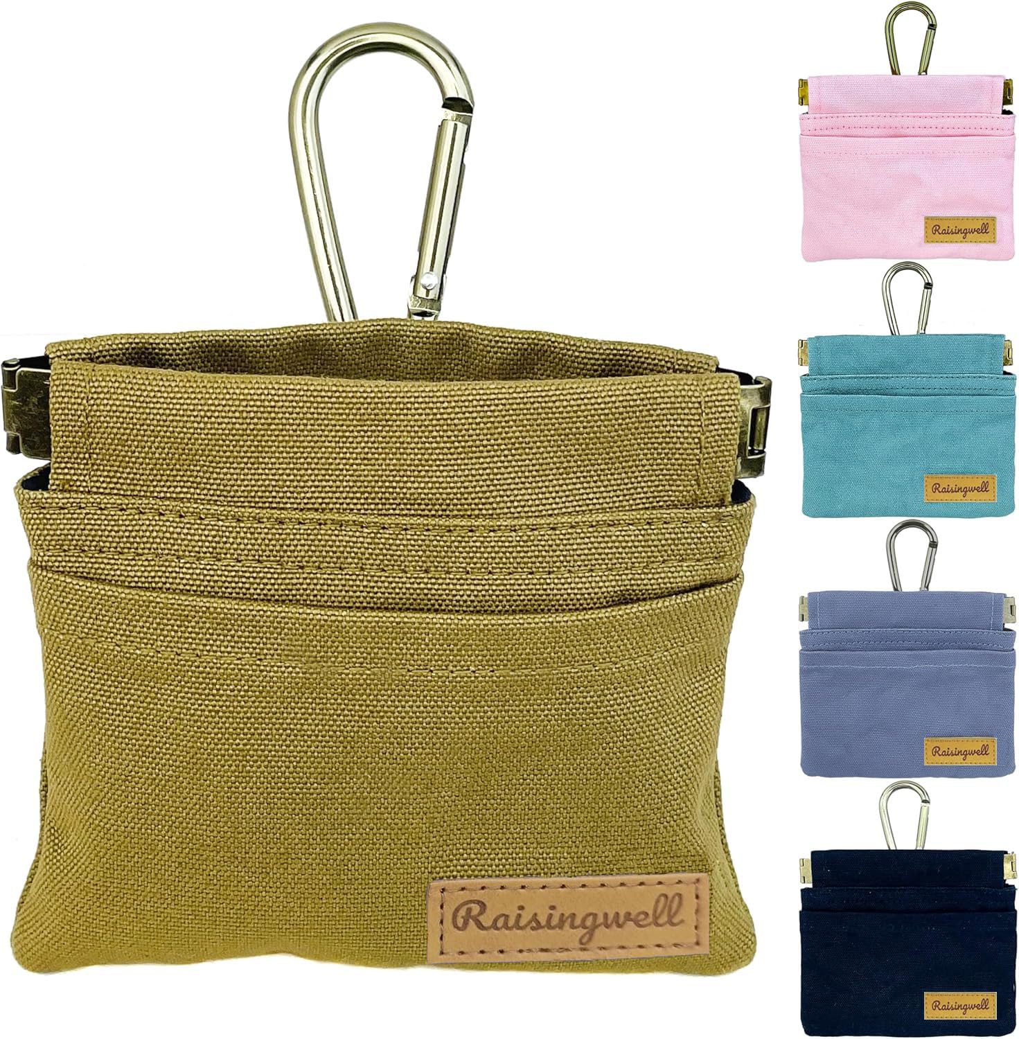 Raisingwell Dog Treat Pouch, Brown Pocket Sized Pet Training Pouch, Cotton Fabric, Hand Free Dog Walking Bag with Carabiner, Self-Closing Pet Feed