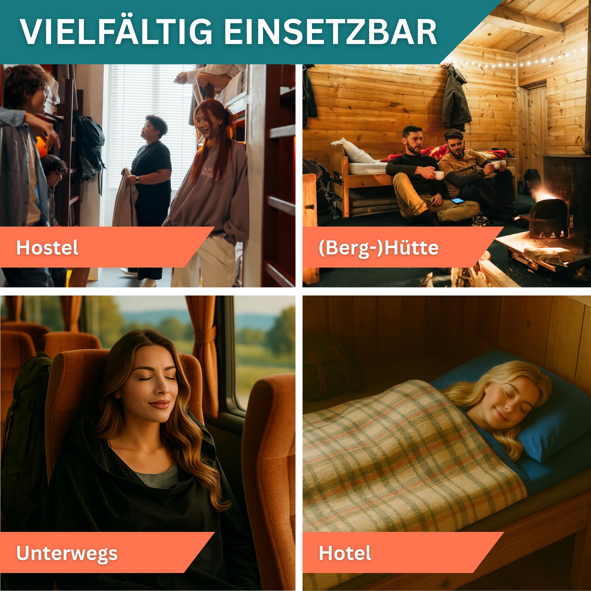 Hüttenschlafsack Baumwolle Ultraleicht atmungsaktiv, Reiseschlafsack mit Kissenfach, grau