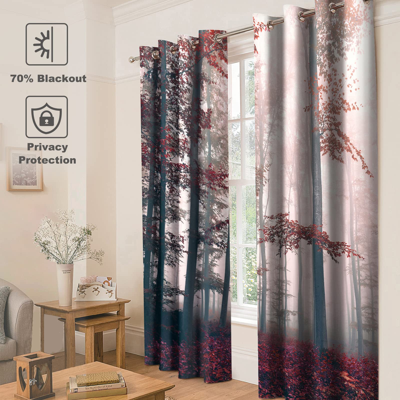 Jekeno Fall Tree Forest Blackout Curtains Autumn Tree Orange Leaves Mystic Foggy Forest Nature Scenery Wood Decor for Halloween Bedroom Living Room Grommet Window Drapes 2 Panel Set, 52"x84"