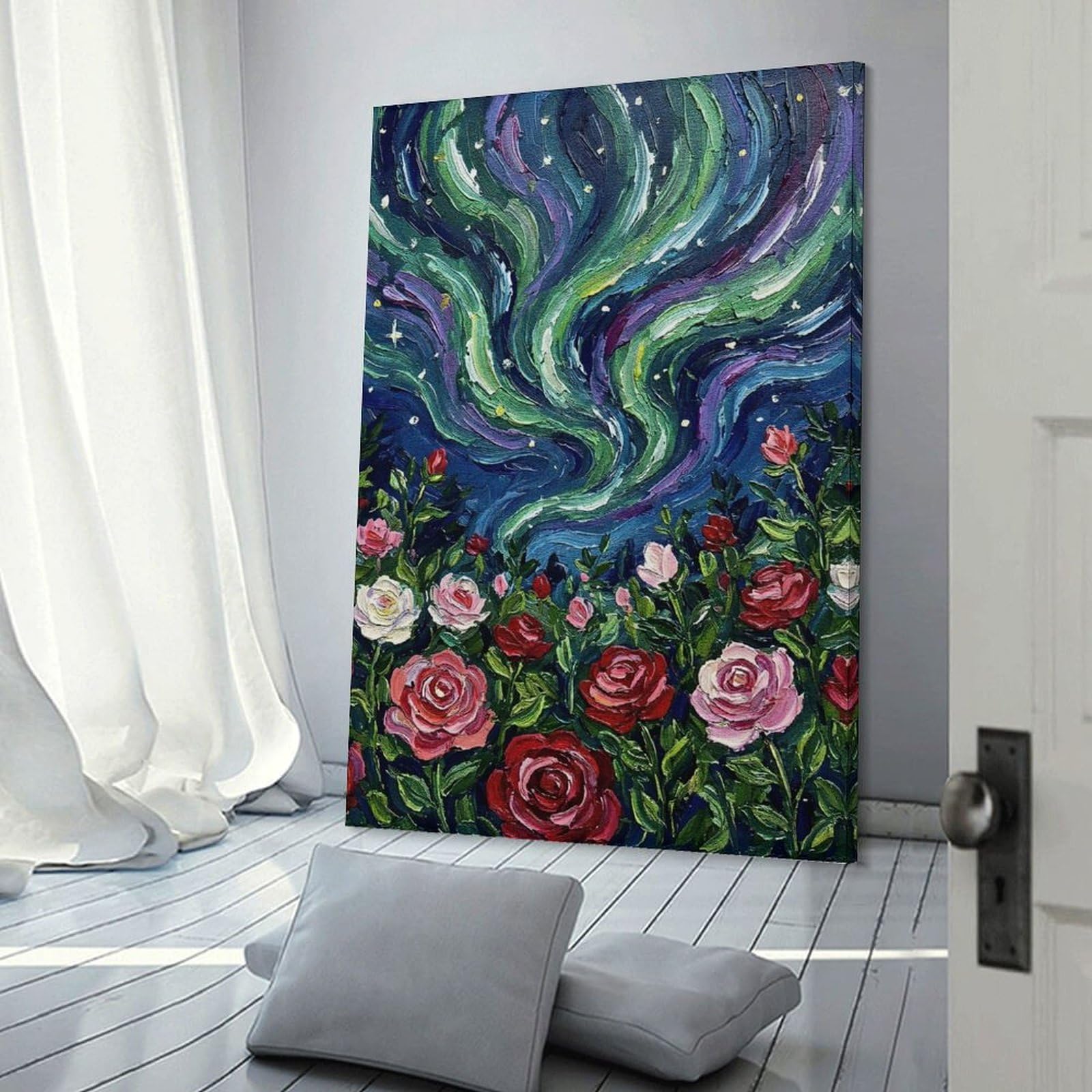Junmoney Aurora Borealis Over Rose Garden Painting Canvas Wall Decor 24x36inch(60x90cm), for Calm Bedrooms, Home Corners Or Flats, A Warm Accent for Relaxed Interiors