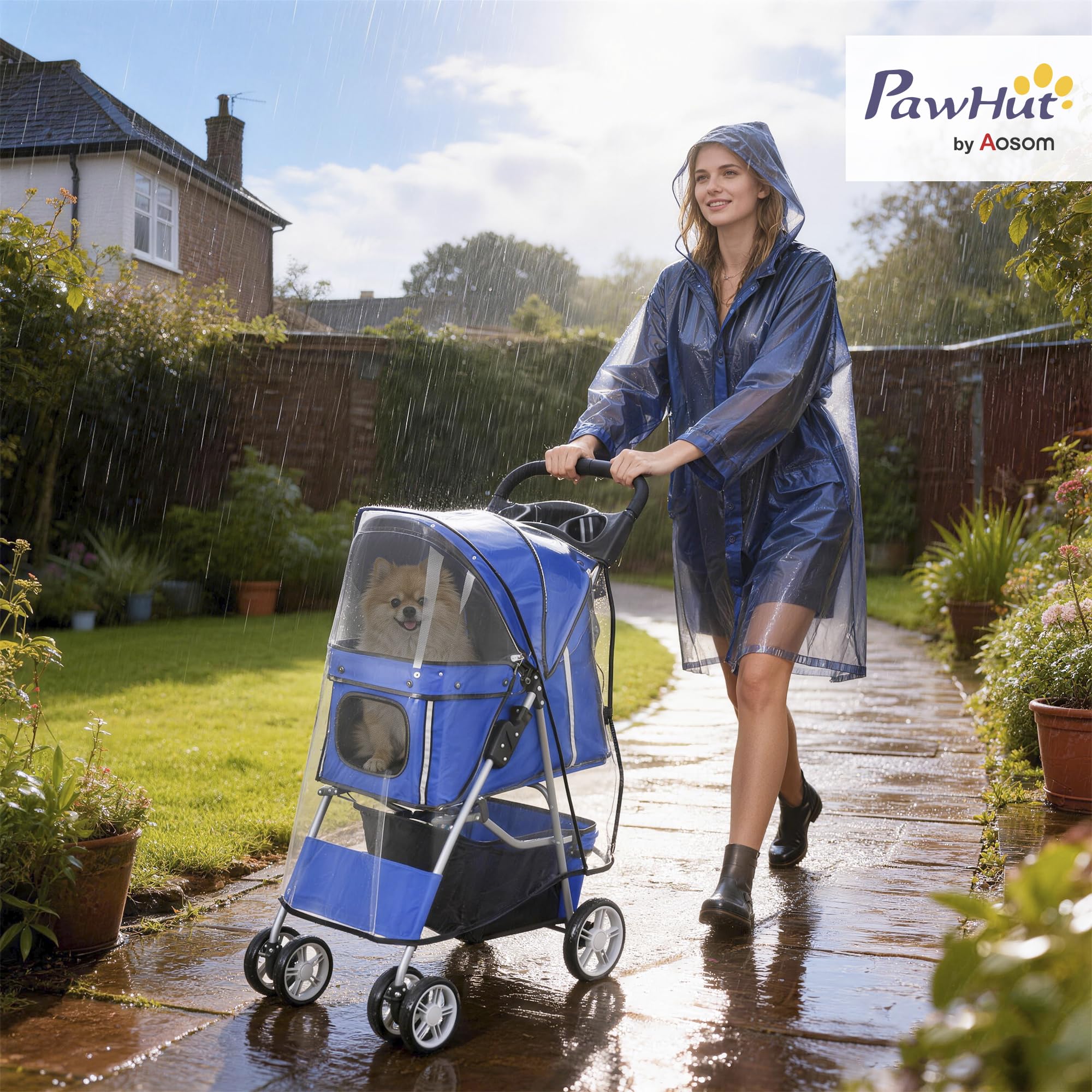 PawHut Passeggino per Cani Pieghevole, Carrozzina per Animali con Copertura Antipioggia, Catarifrangenti, Ruote Girevoli a 360°, Freni e Cuscino Lavabile, Blu