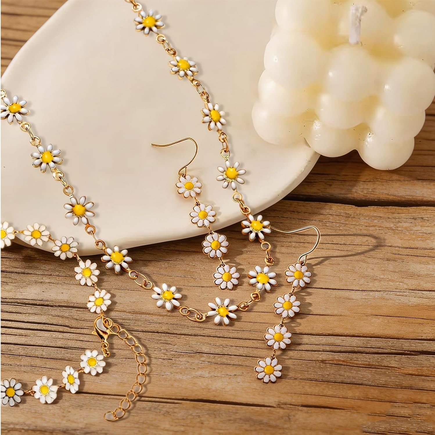 Daisy Necklace Earrings Bracelet No Irritate Hypoallergenic Gold Sunflower Set Cute Flower Jewelry for Women Christmas Stocking Stuffers