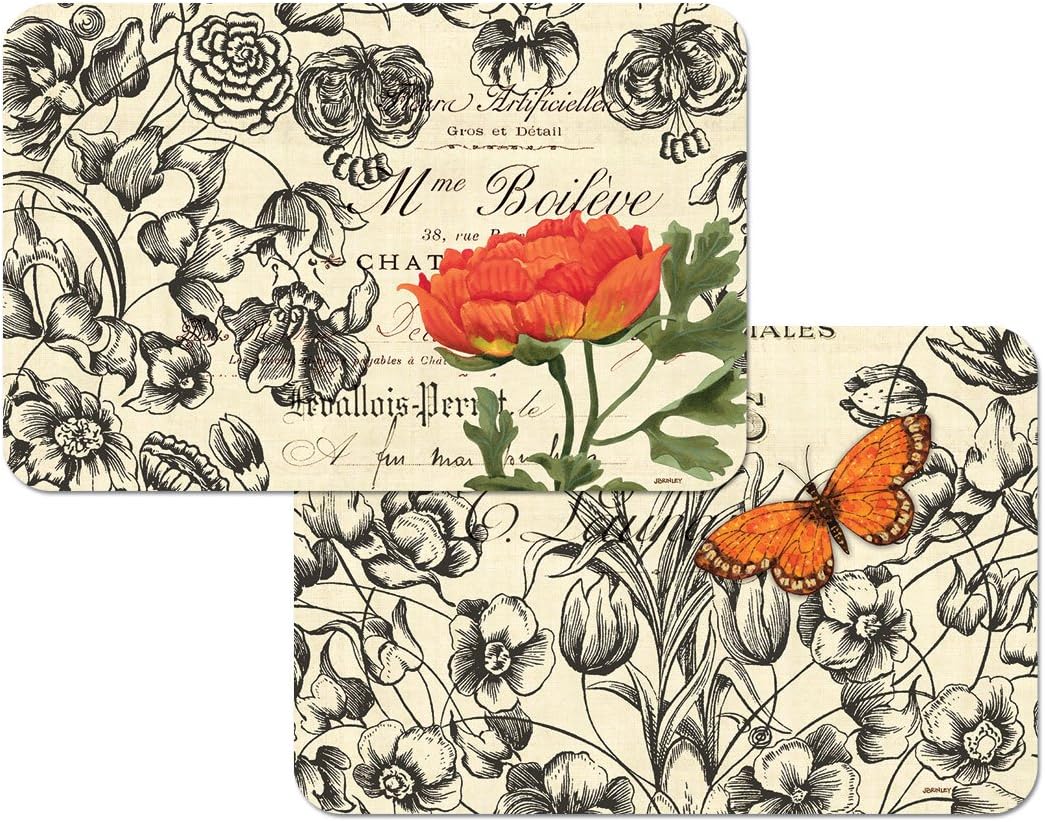 Vintage Peony Flower and Butterfly Reversible Washable Vinyl Placemats Set of Four