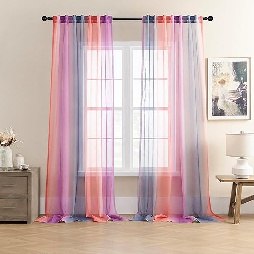 XiDi Cortinas traslúcidas de 63 pulgadas de largo, color rosa, verde y morado, cortinas degradadas para dormitorio, sala de estar, cortinas
