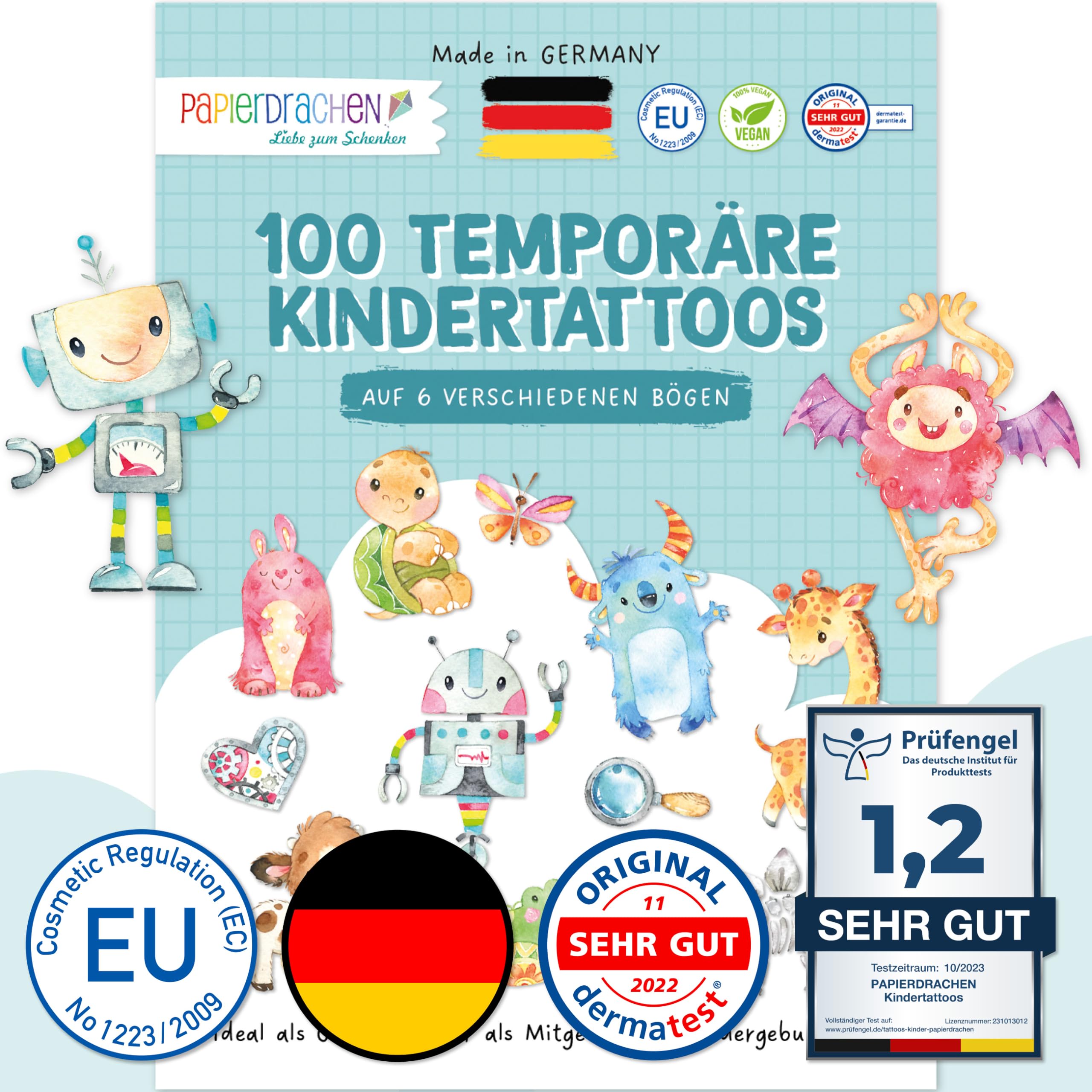 Papierdrachen 100 besonders hautfreundliche Kindertattoos - Tattoos für Kinder - als Geburtstagsmitgebsel oder Geschenkidee - 100% vegan, geprüft & made in Germany