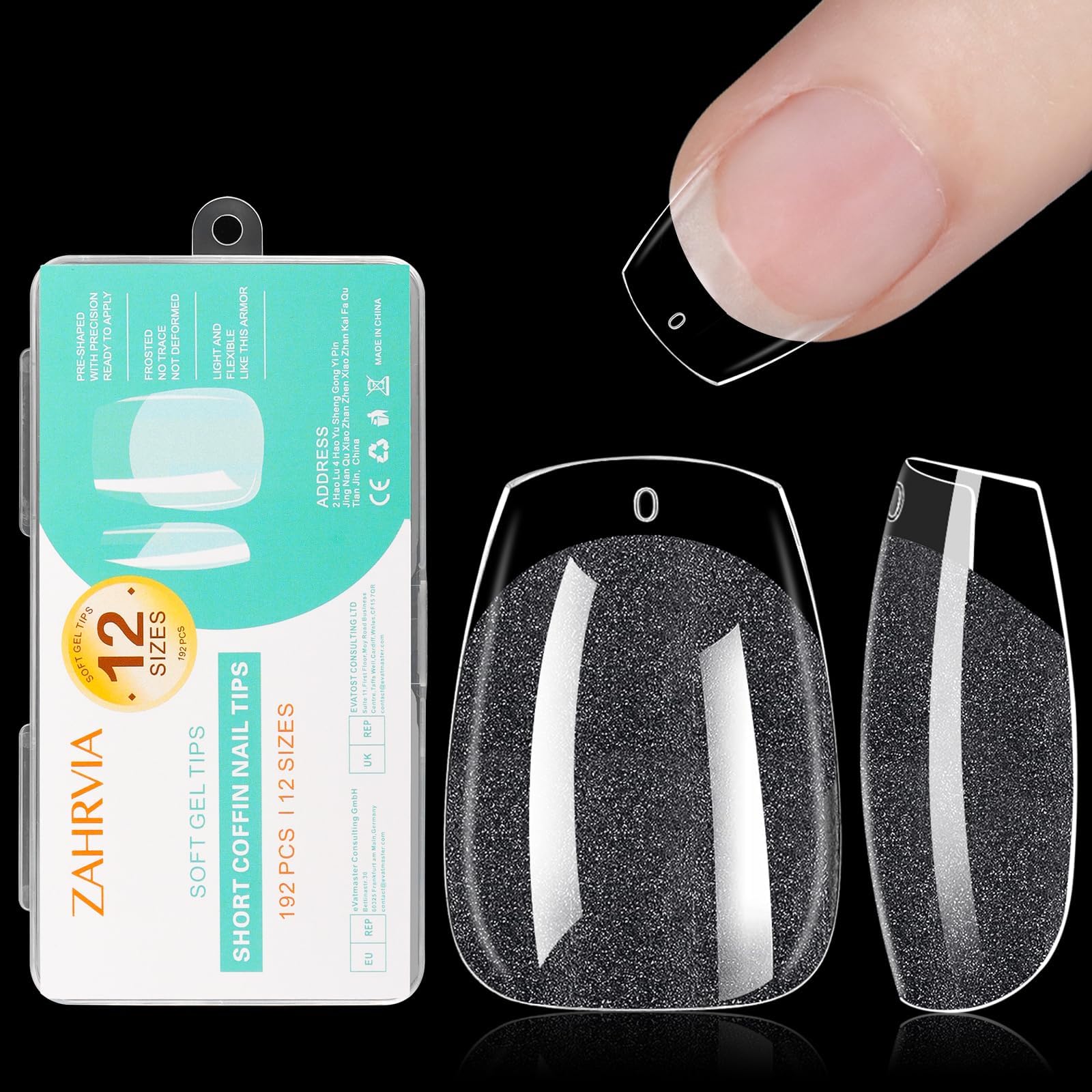Short Coffin Nail Tips -ZAHRVIA Soft Gel Full Cover Nail Tips for Soak Off Extensions kit - 192PCS False Nails 12 Sizes (Short Coffin)