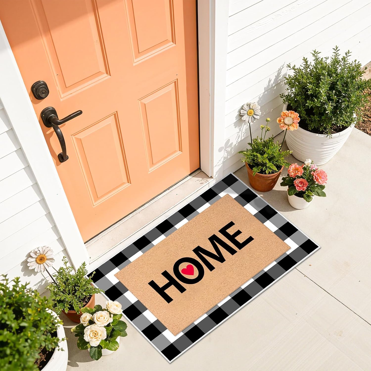 2 Pack Layered Home Doormat Set Coir Welcome Home Mat Black and White Buffalo Plaid Checkered Outdoor Rug Spring Fall Farmhouse Housewarming Gifts Front Porch Rug for Indoor Outdoor Entryway Decor