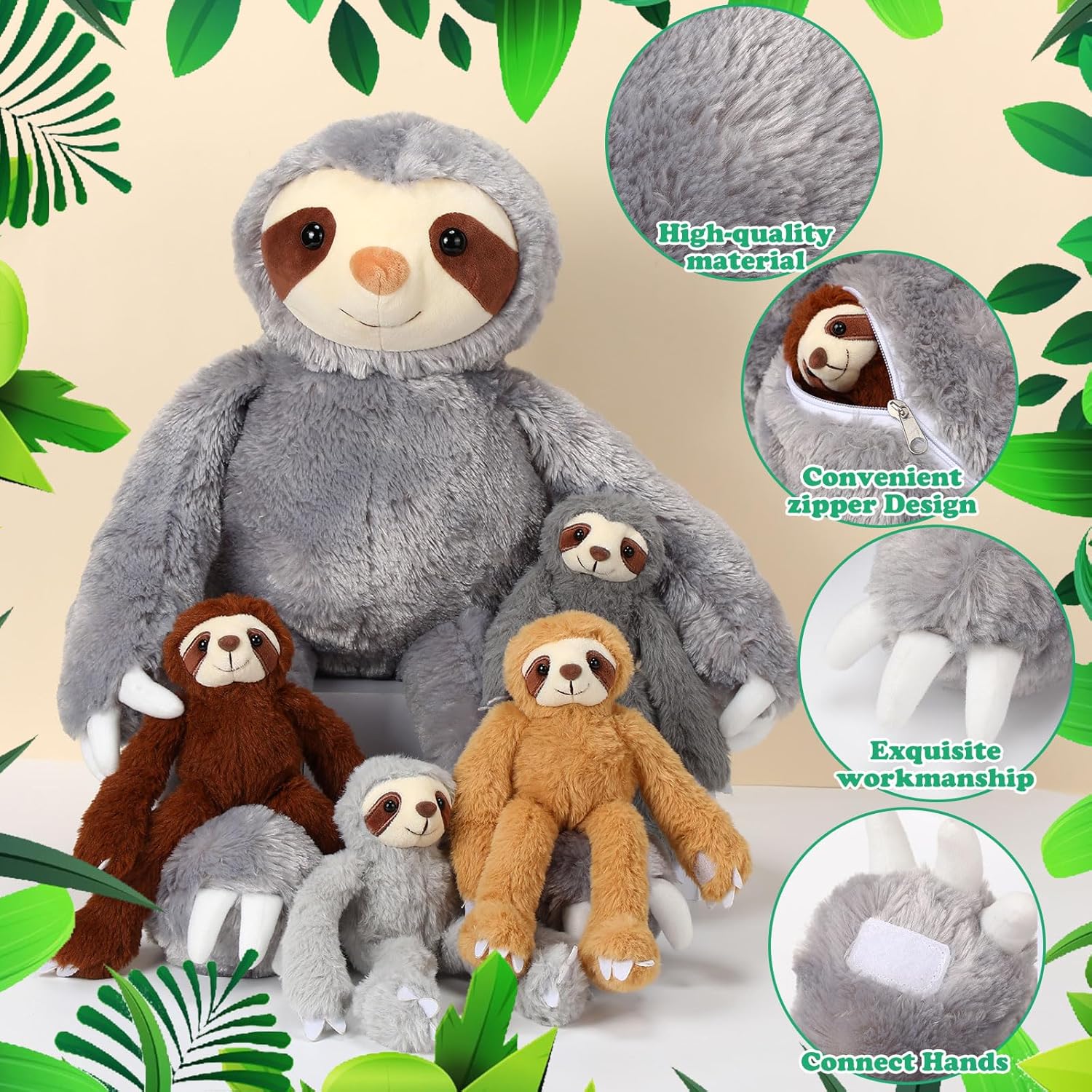 Libima 5 Pcs Plush Sloth Animals 22.4 Inch Giant Stuffed Mommy Sloth Plush Toy with 4 Babies in Her Belly Toys for Baby Shower Girls Boys Birthday Gifts Party Favors
